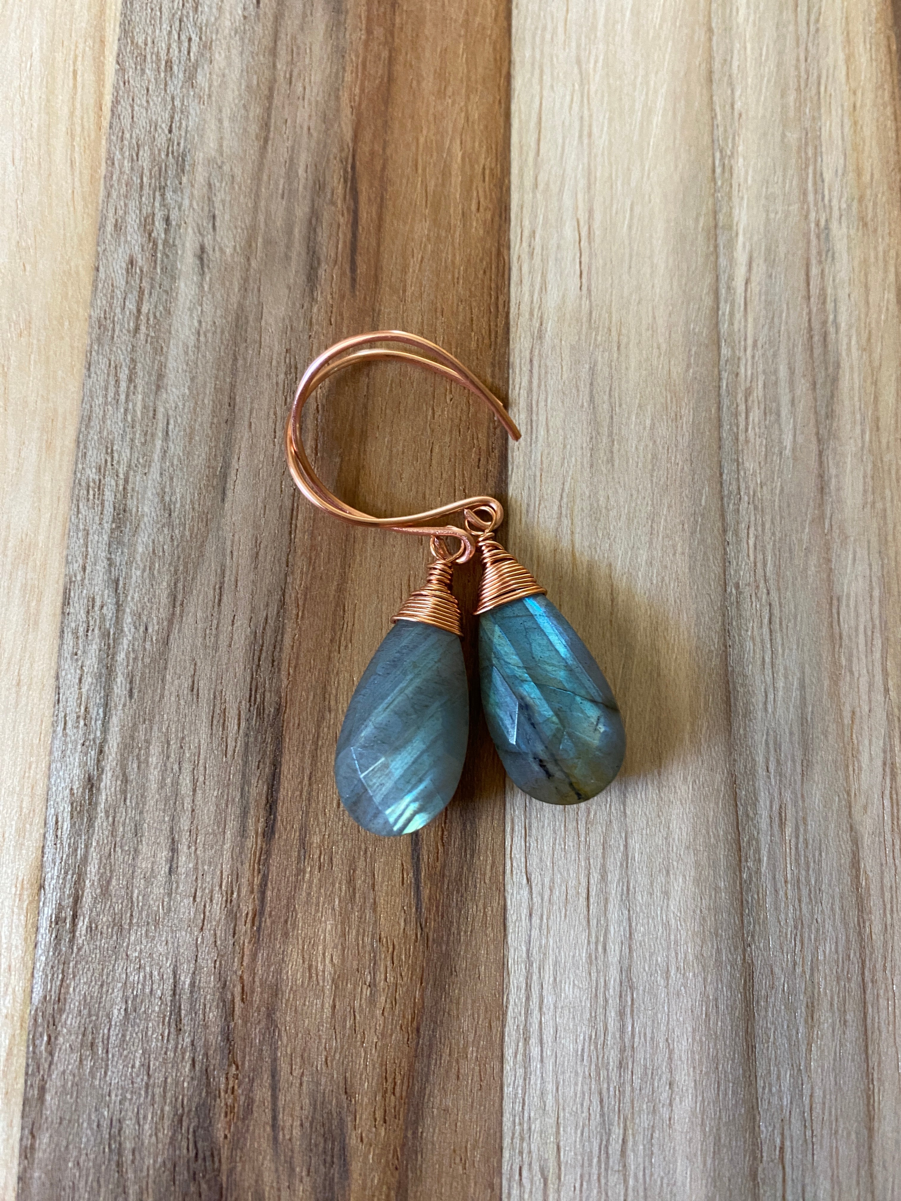 Copper Wire Wrapped Labradorite Dangle Earrings