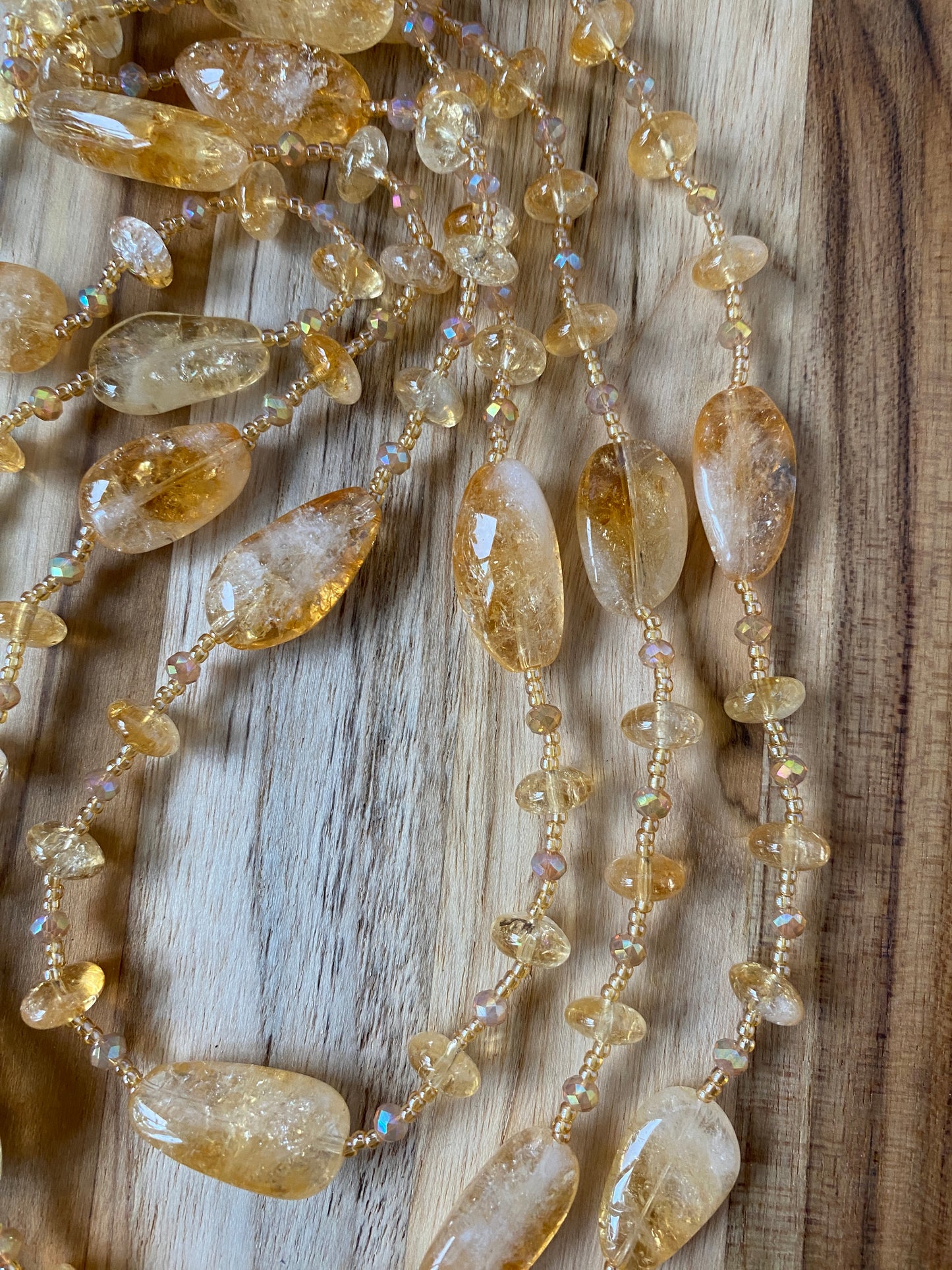 60" Long Citrine Wraparound Beaded Necklace with Crystal Beads