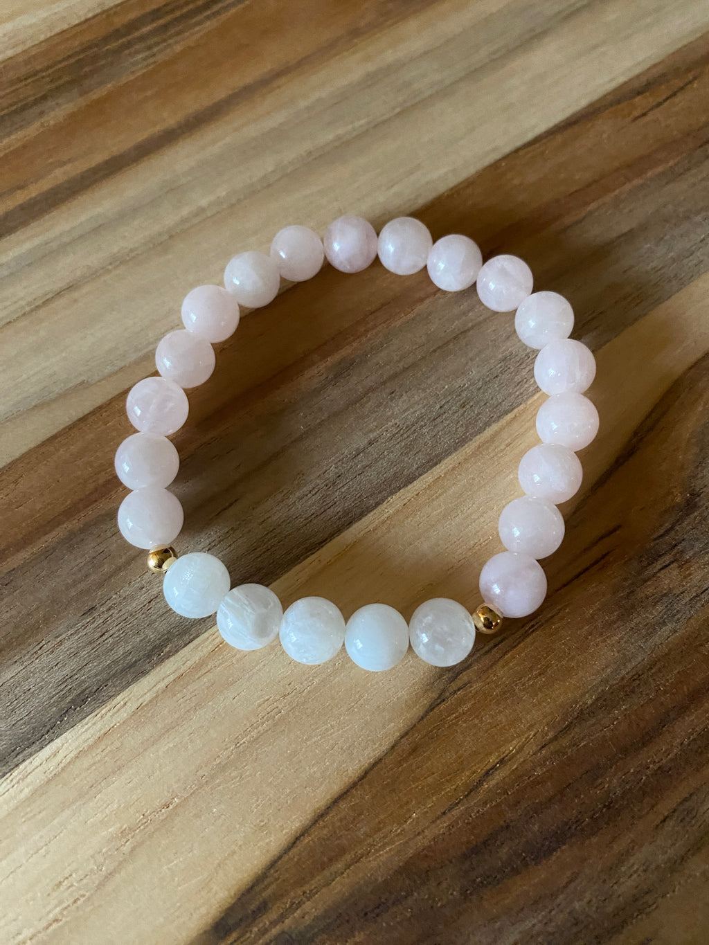 Rainbow Moonstone and Madagascar Rose Quartz Beaded Stretch Bracelet with Gold Beads