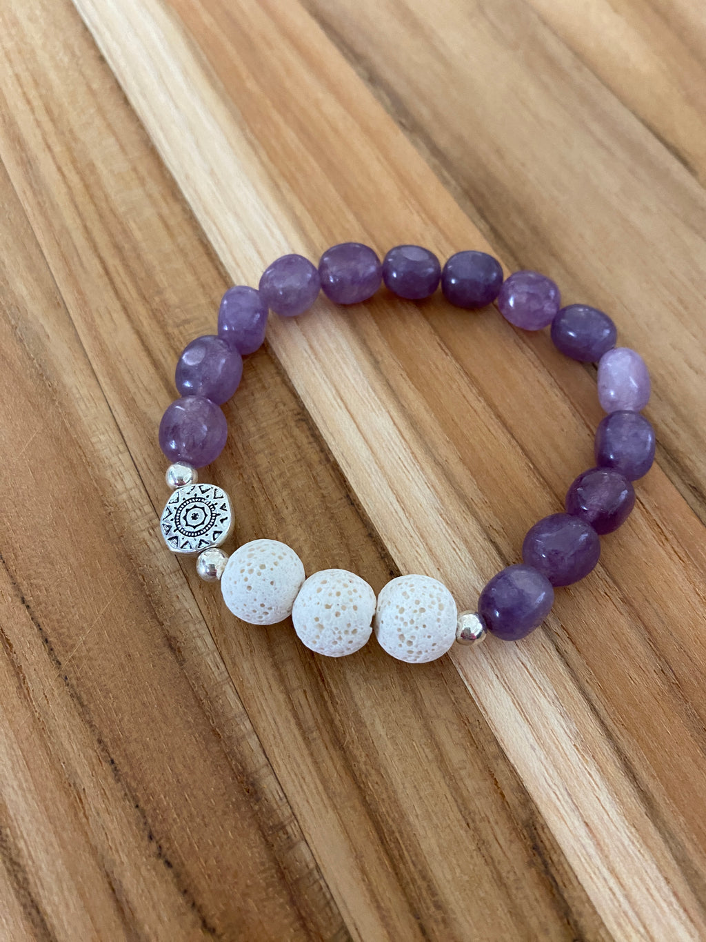 Essential Oil Diffuser Aromatherapy Purple Jade Stretch Bracelet with Aztec Sun Bead