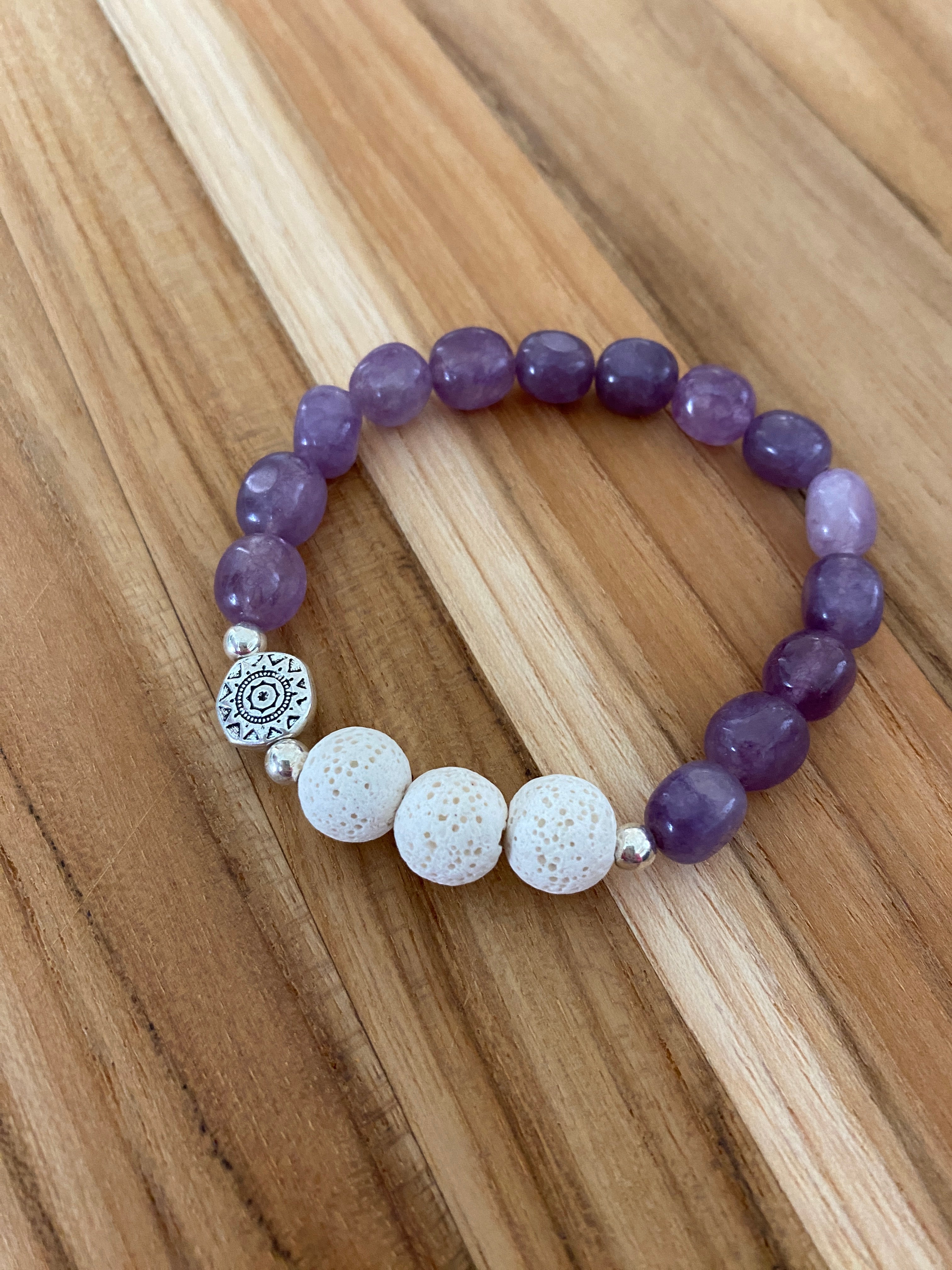 Essential Oil Diffuser Aromatherapy Purple Jade Stretch Bracelet with Aztec Sun Bead