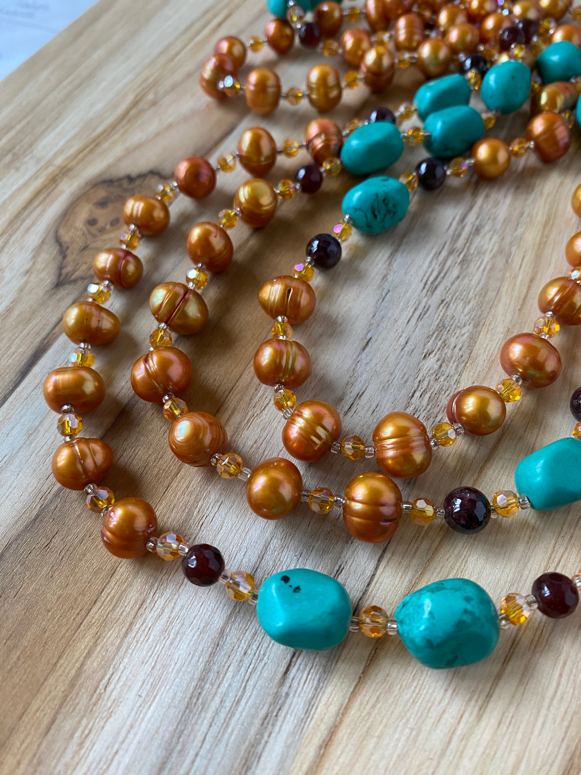 60" Extra Long Beaded Wraparound Necklace with Orange Pearls Turquoise Garnet & Agate Beads - My Urban Gems