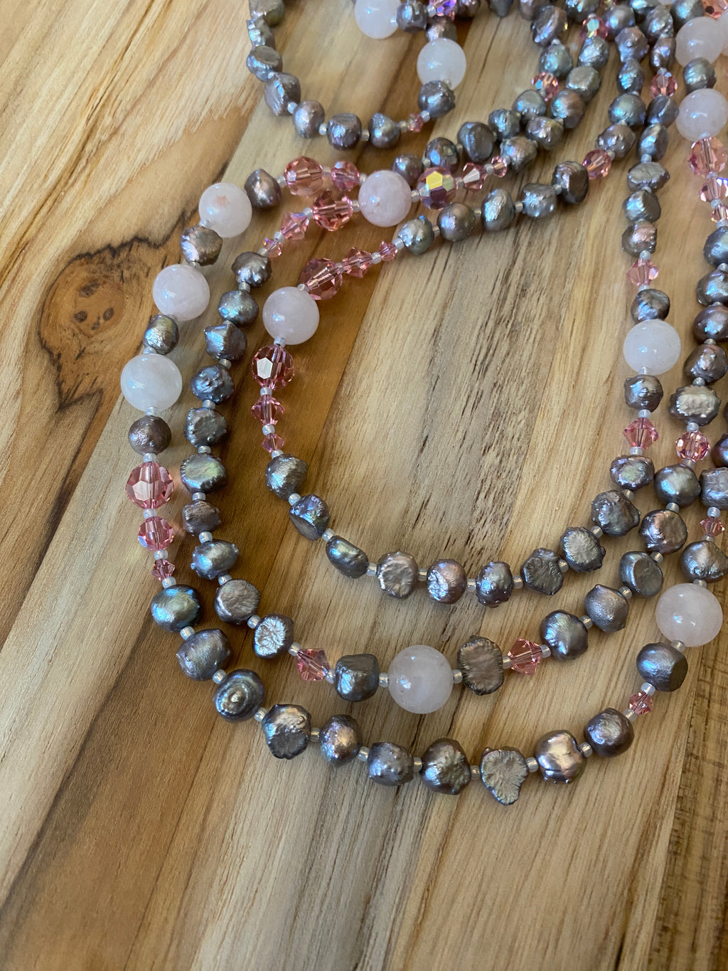 60" Extra Long Grey Pearl Beaded Necklace with Rose Quartz and Crystal Beads - My Urban Gems