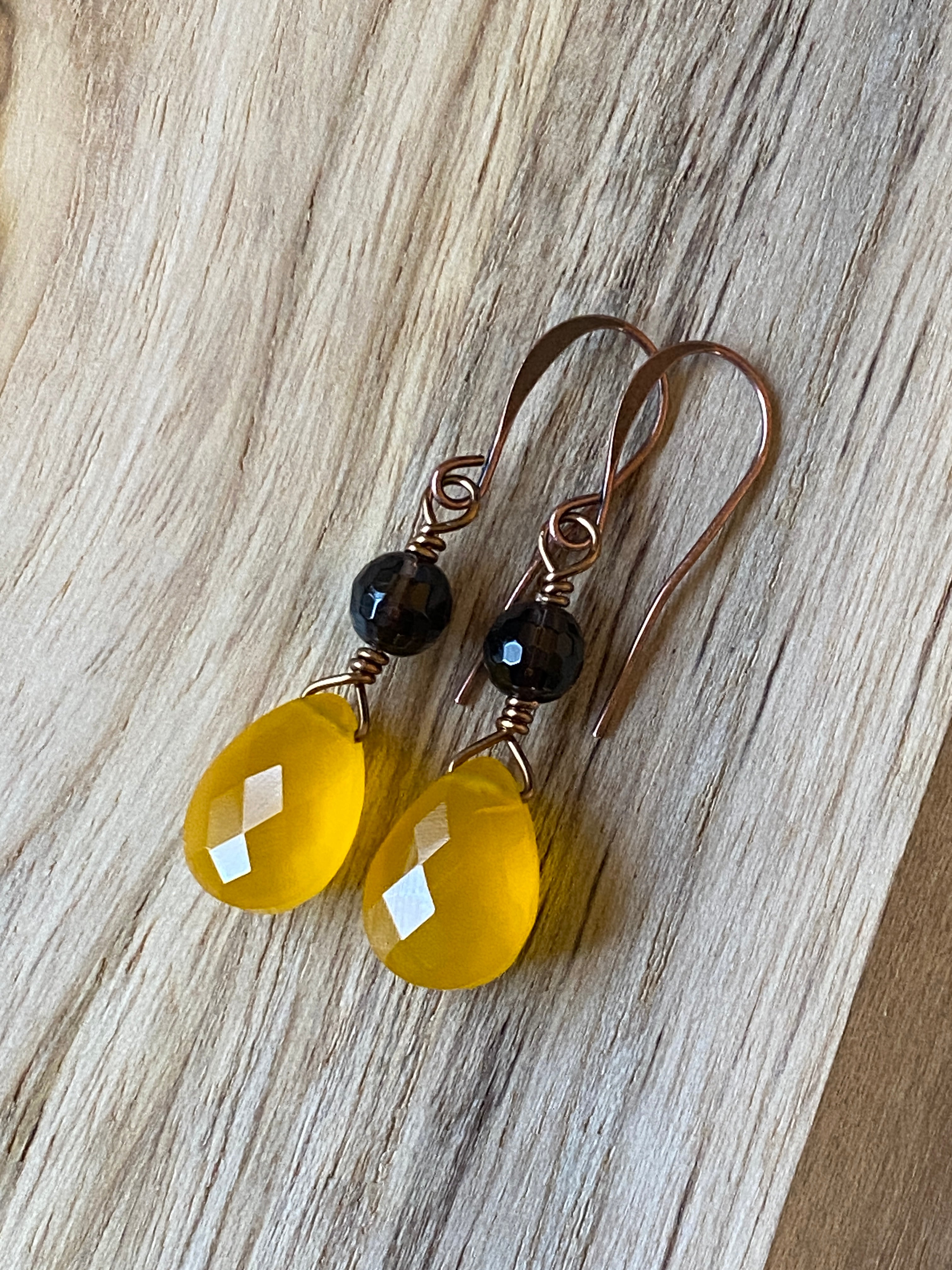 Mango Yellow Onyx Briolette Earrings with Smoky Quartz and Copper