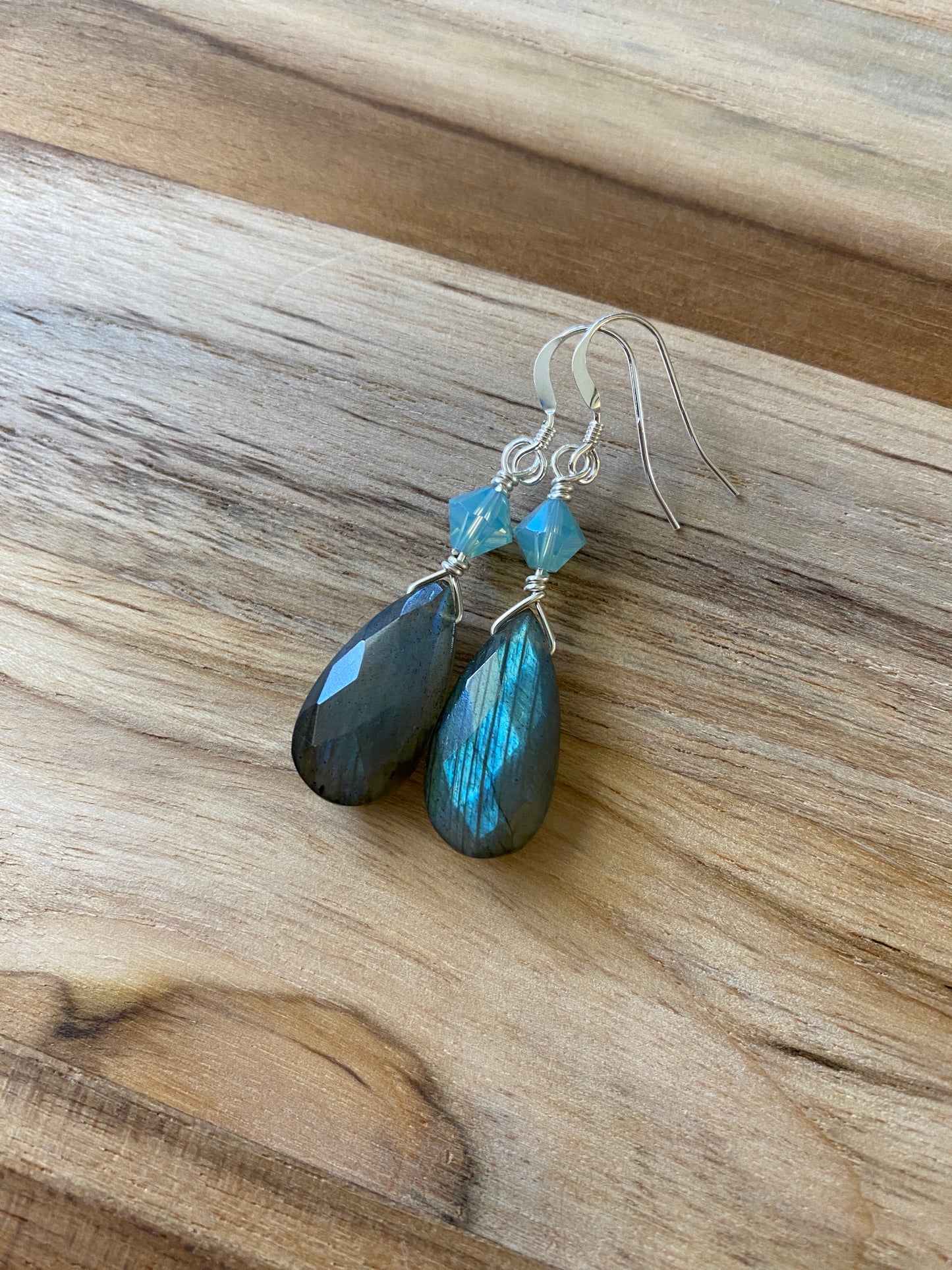 Blue/Green Flash Labradorite Dangle Earrings with Crystal