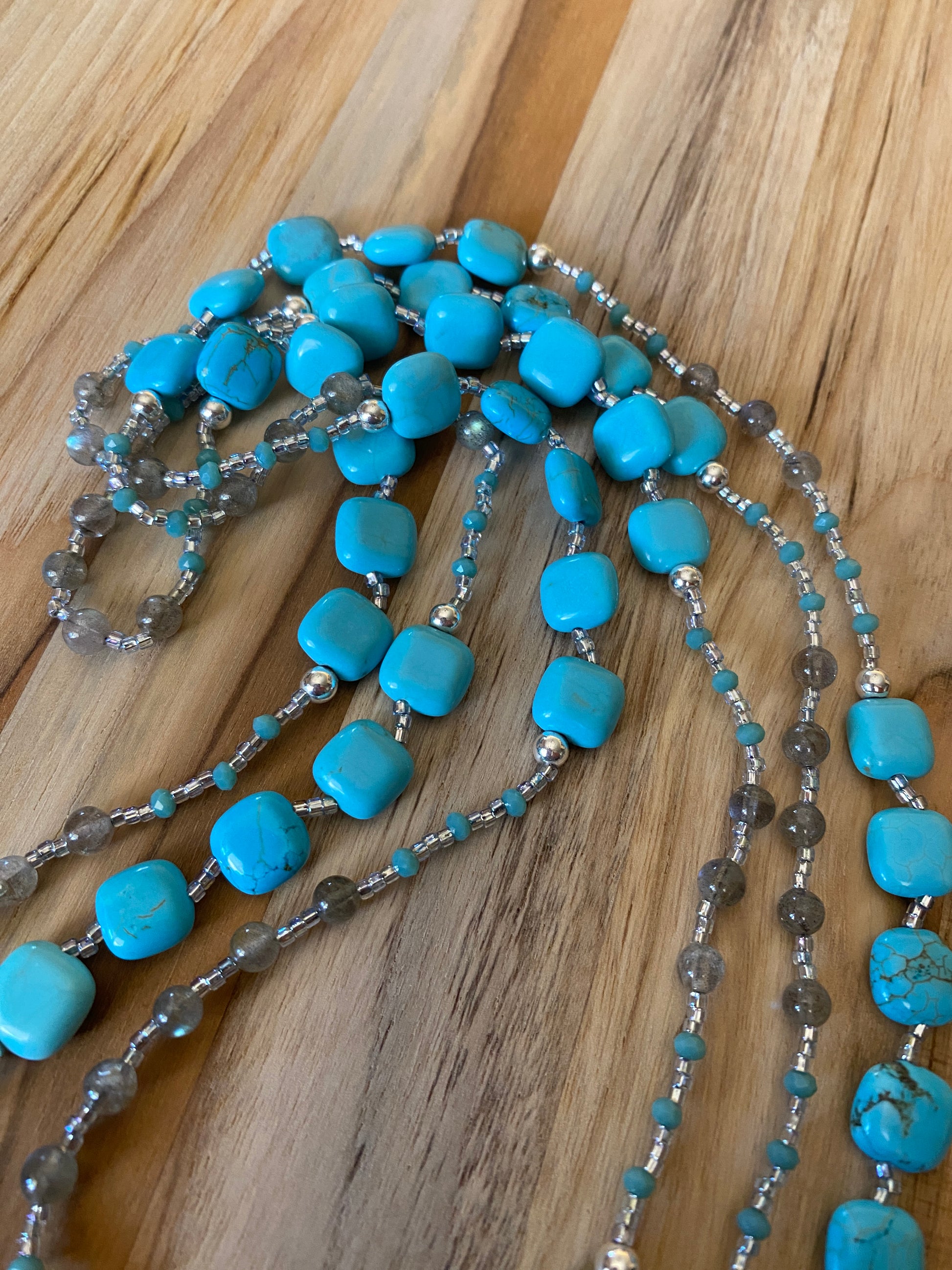 63" Long Beaded Turquoise Square with Labradorite & Crystal Necklace - My Urban Gems