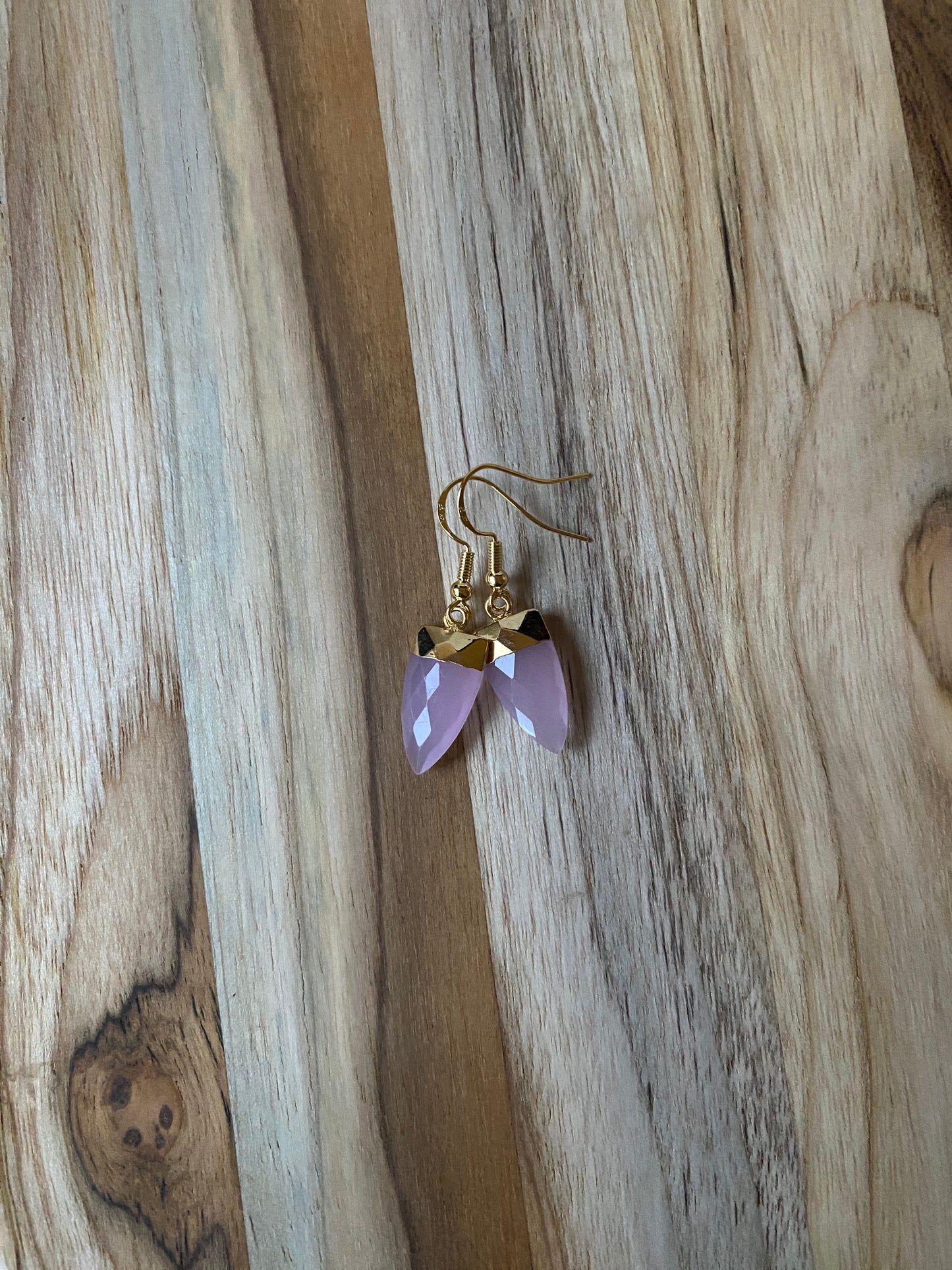 Rose Chalcedony Trillion Shaped Dangle Earrings with Gold