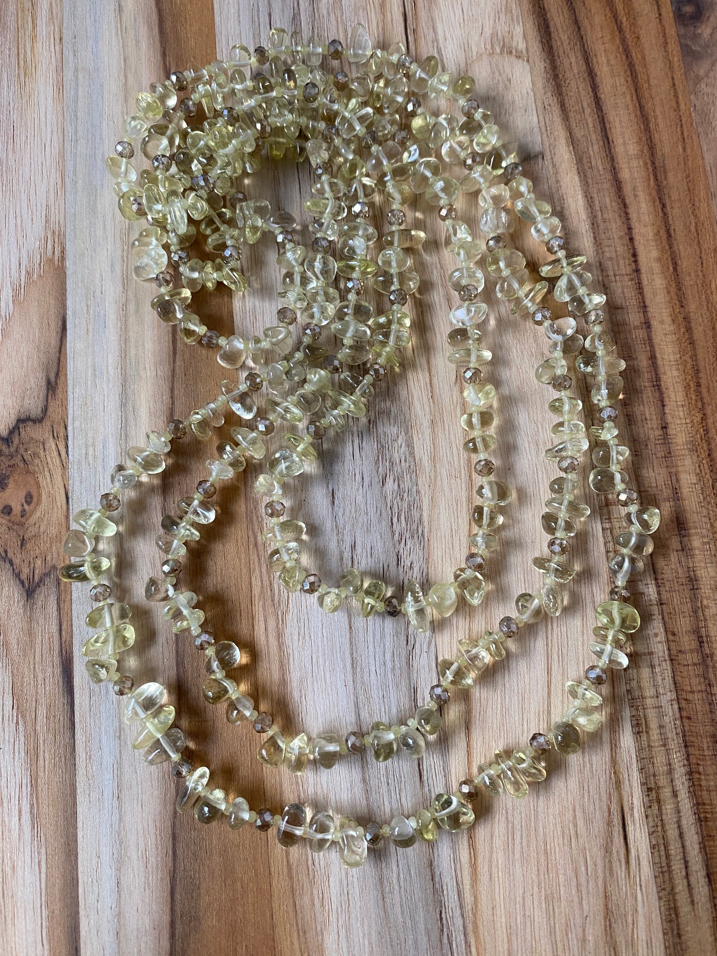 60" Extra Long Wraparound Lemon Quartz Tumble Chip Bead Necklace with Crystal Beads