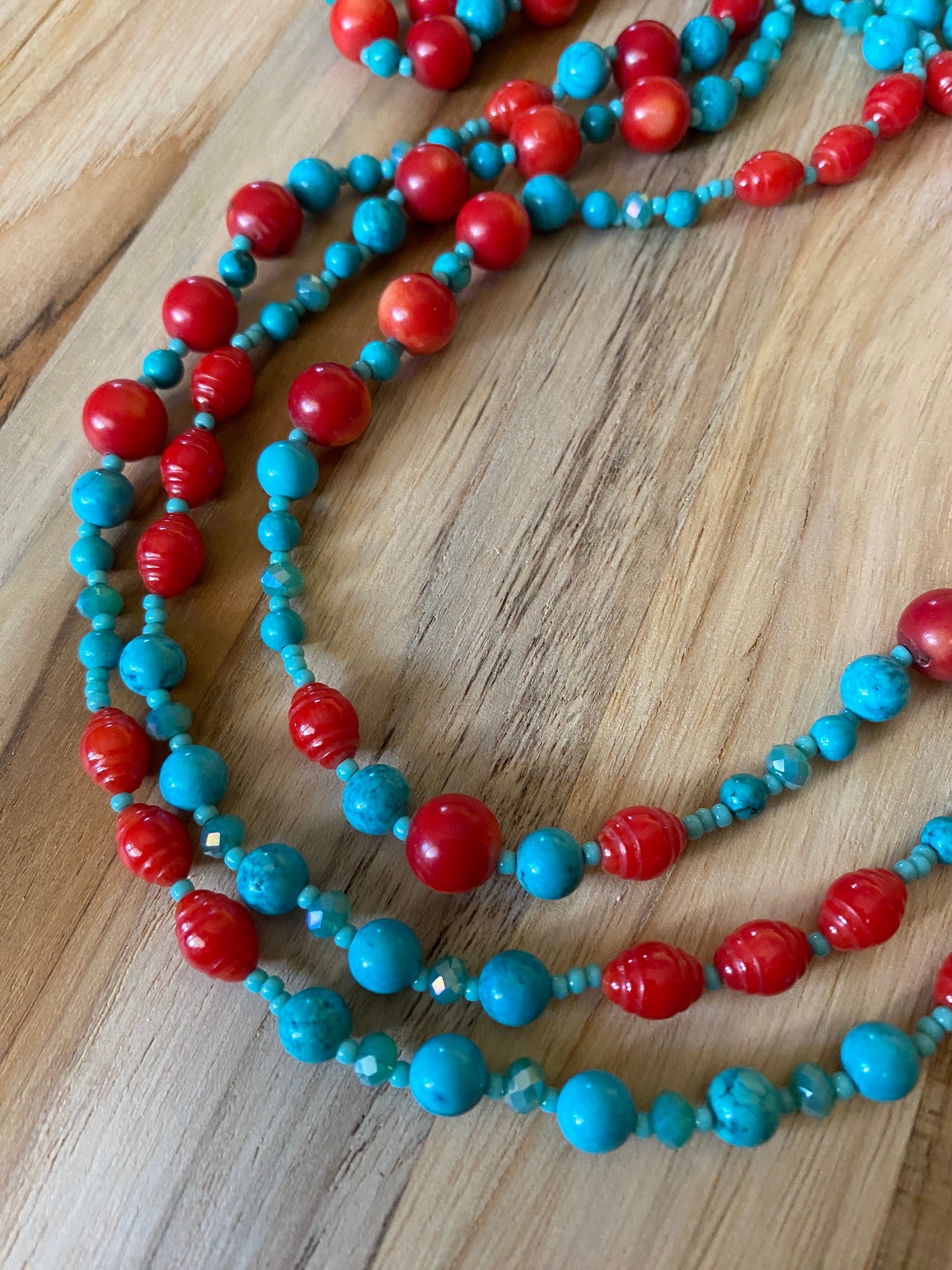 65" Long Southwestern Inspired Turquoise, Red & Crystal Beaded Necklace - My Urban Gems