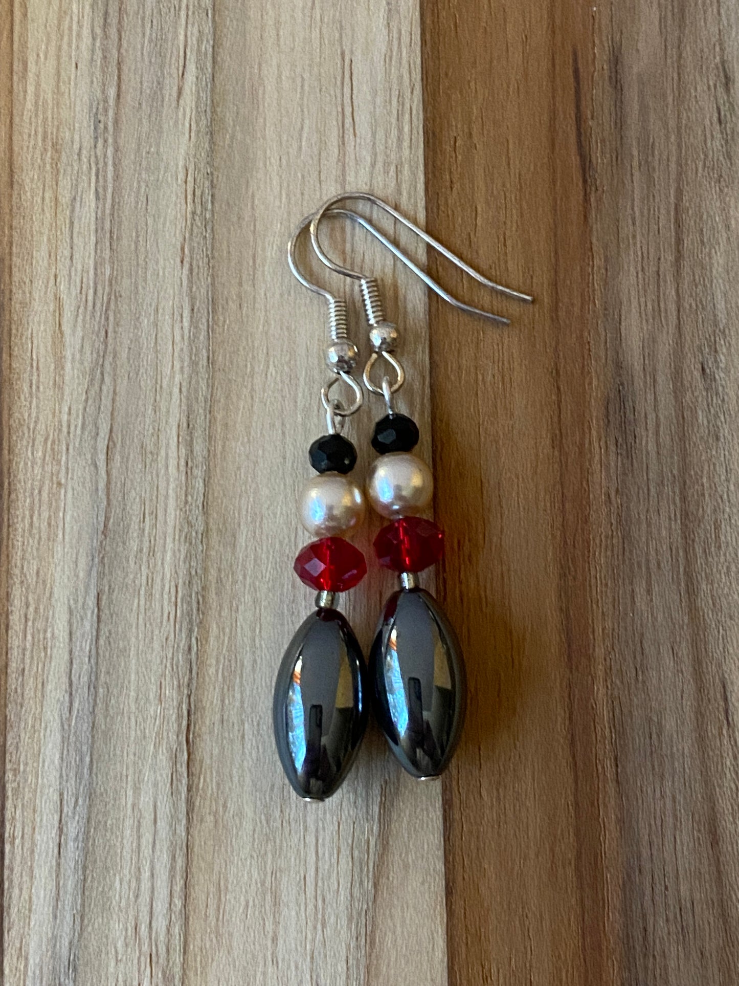 Hemalyke, Faux Pearl & Red and Black Crystal Dangle Earrings