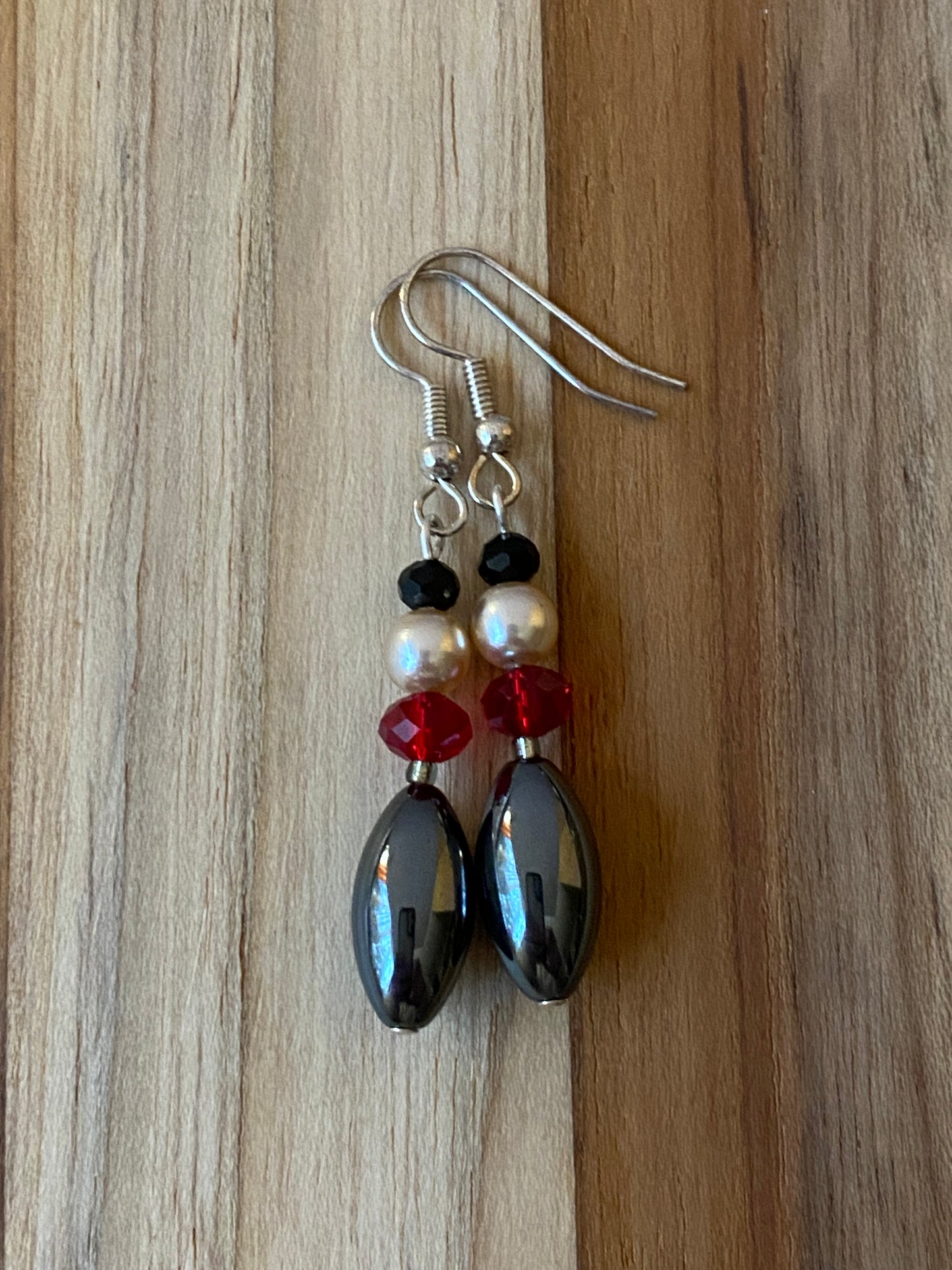 Hemalyke, Faux Pearl & Red and Black Crystal Dangle Earrings - My Urban Gems