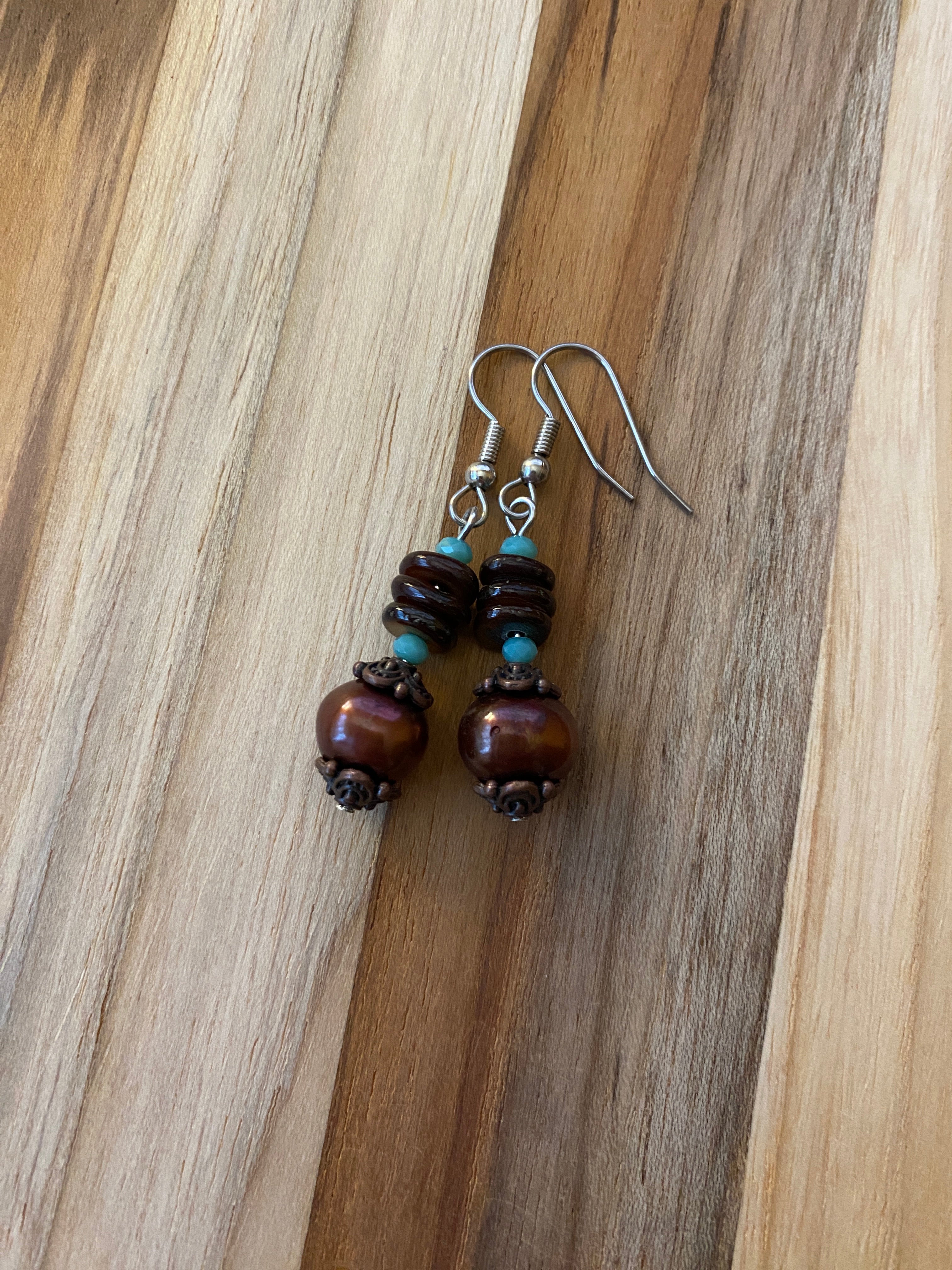 Chocolate Brown Freshwater Pearl, Shell, Turquoise Crystal & Copper Dangle Earrings - My Urban Gems