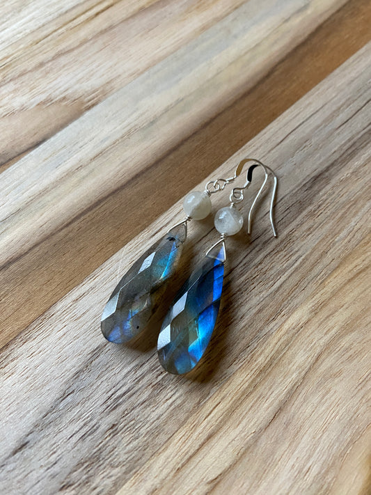 Long Blue Flashy Labradorite and Moonstone Dangle Earrings with Sterling Silver
