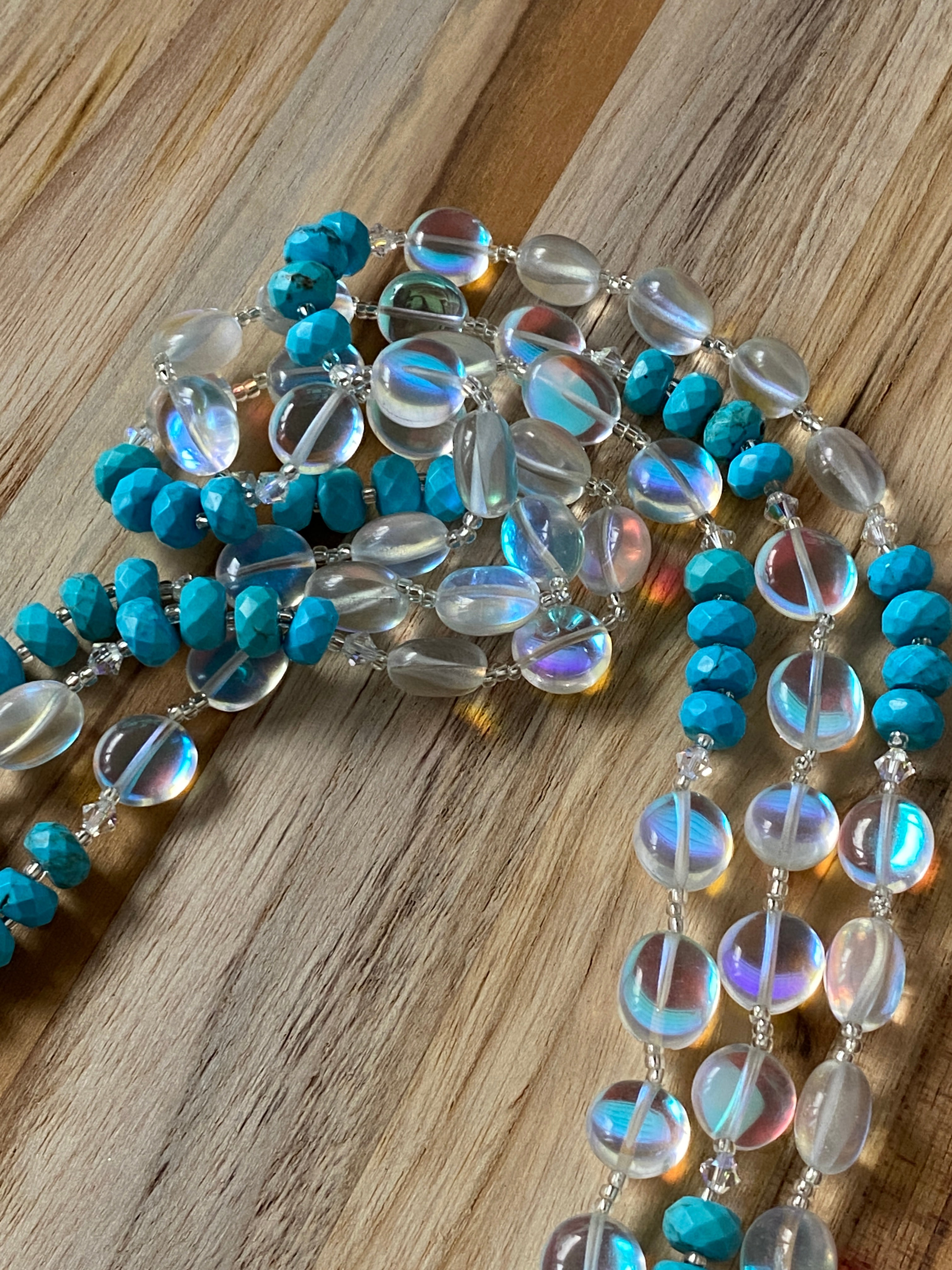 60" Extra Long Beaded Wraparound Necklace with Mystic Aura Quartz Turquoise & Crystal Beads - My Urban Gems