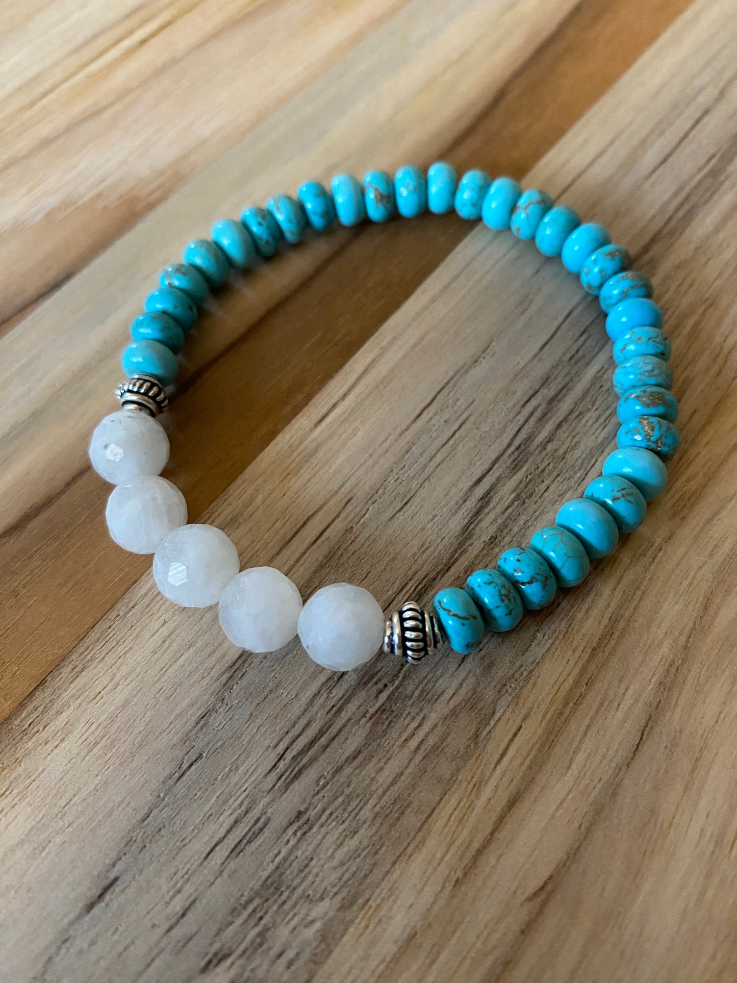 Nevada Blue Turquoise Beaded Stretch Bracelet with Faceted Moonstone Beads