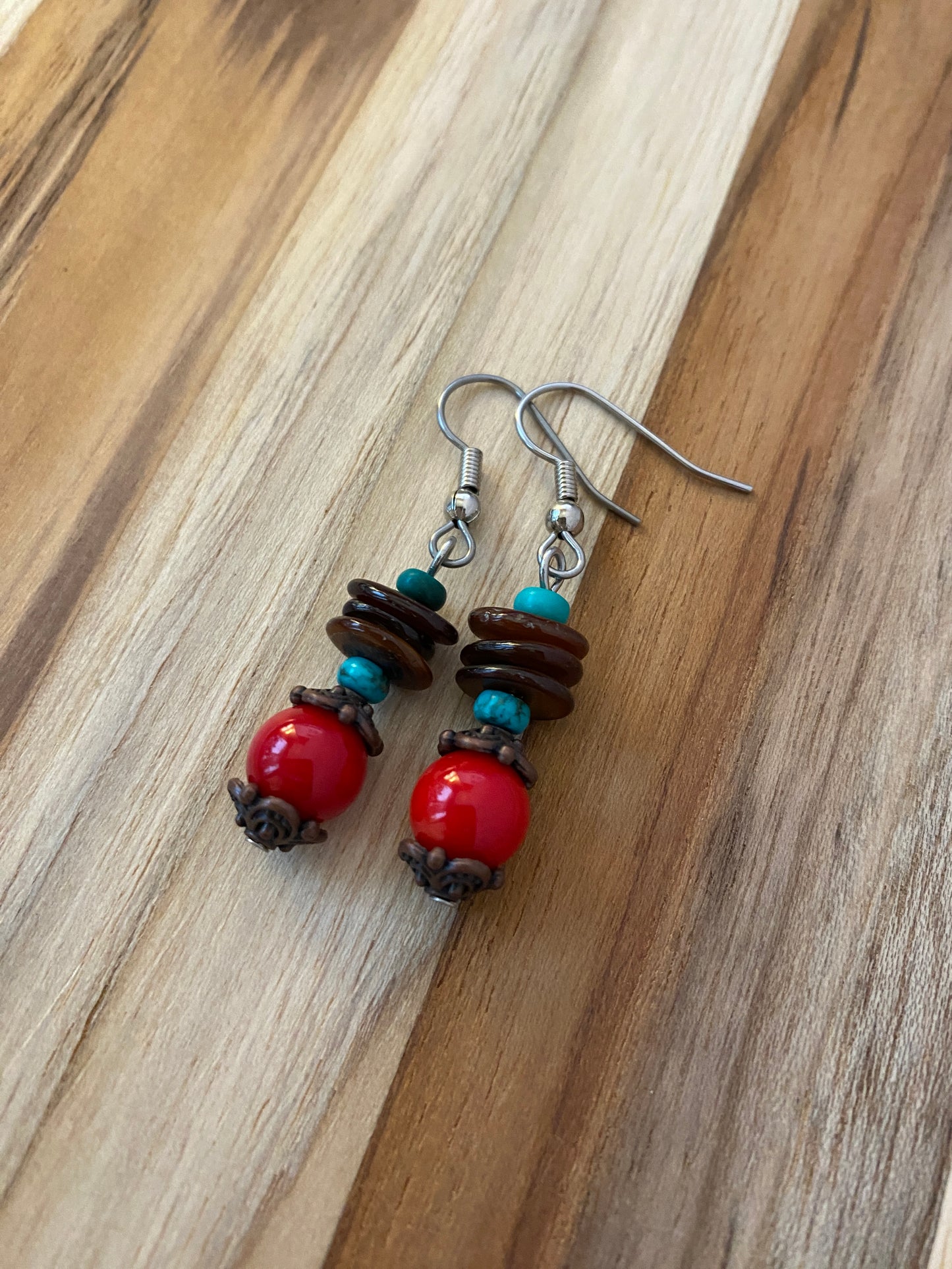 Coral, Brown Shell, Turquoise & Copper Dangle Earrings
