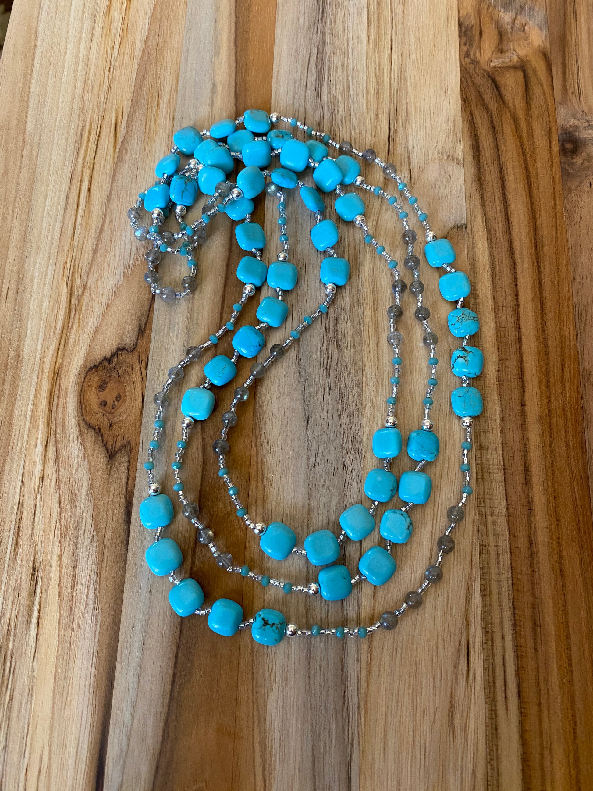 63" Long Beaded Turquoise Square with Labradorite & Crystal Necklace - My Urban Gems