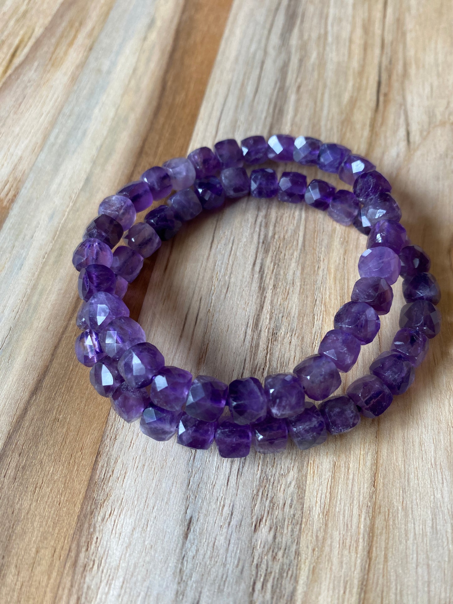 Faceted Square Bead Amethyst Stretch Bracelet