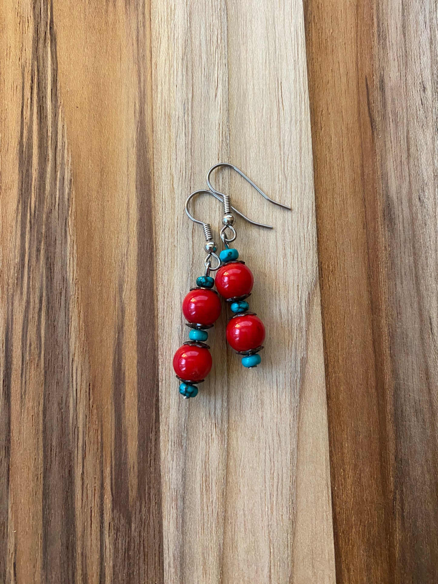 Coral, Turquoise & Copper Dangle Earrings
