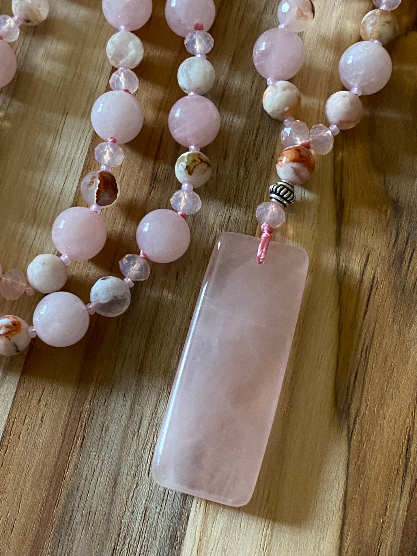 Long Madagascar Rose Quartz Beaded Necklace with Sakura Agate and Crystal Beads