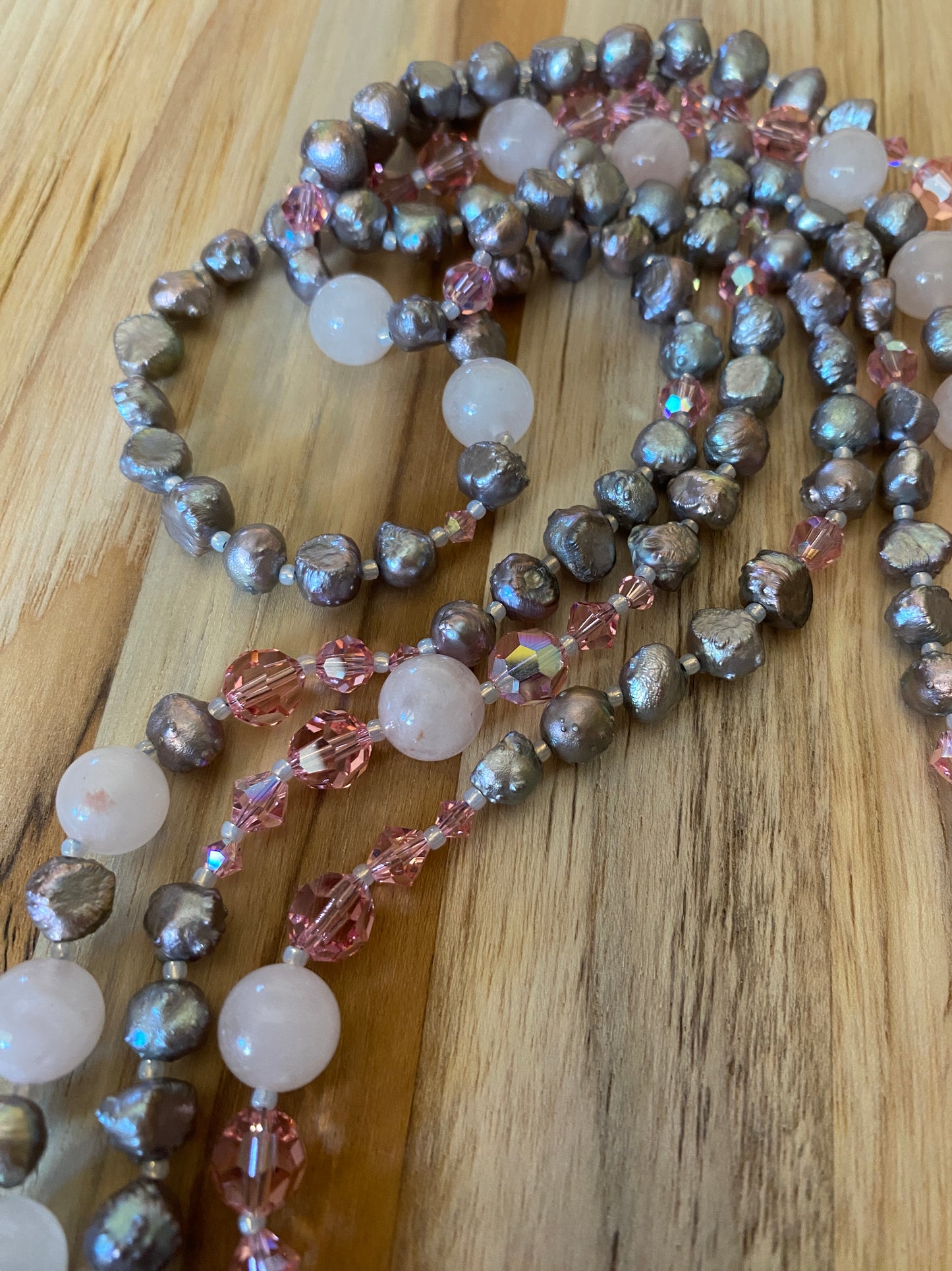 Extra Long Grey Pearl Beaded Necklace with Rose Quartz and Crystal Beads