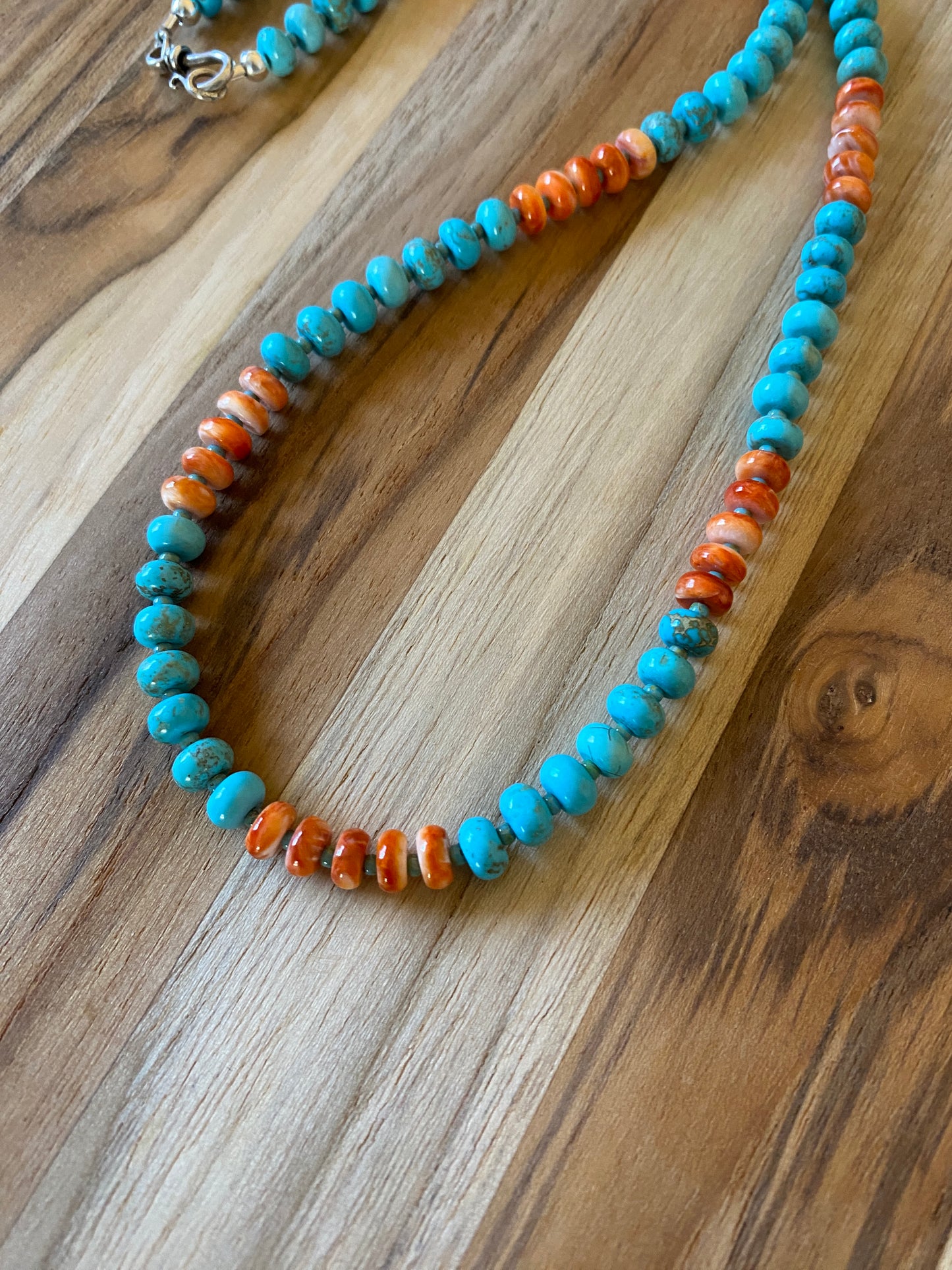 Nevada Blue Turquoise Beaded Necklace with Orange Spiny Oyster and Sterling Silver - My Urban Gems
