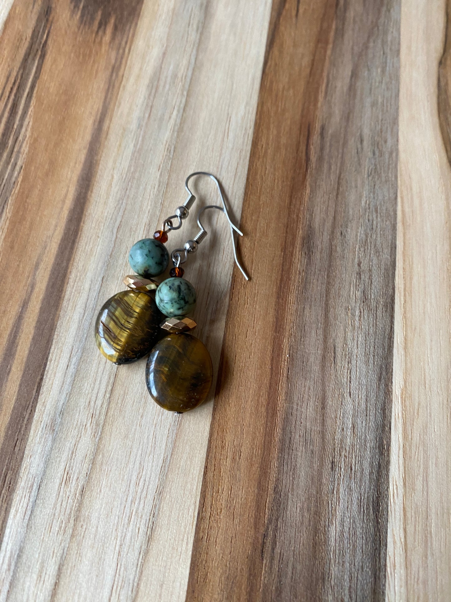 Tigereye and African Turquoise Dangle Earrings with Rose Gold