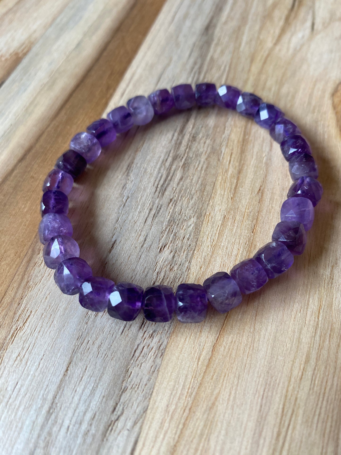 Faceted Square Bead Amethyst Stretch Bracelet