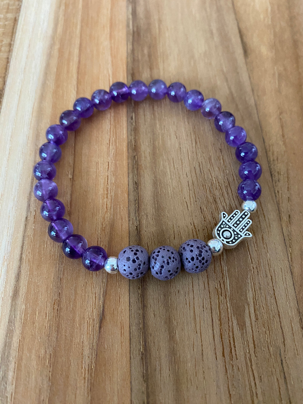 Amethyst Aromatherapy Beaded Stretch Bracelet with Hamsa -My Urban Gems