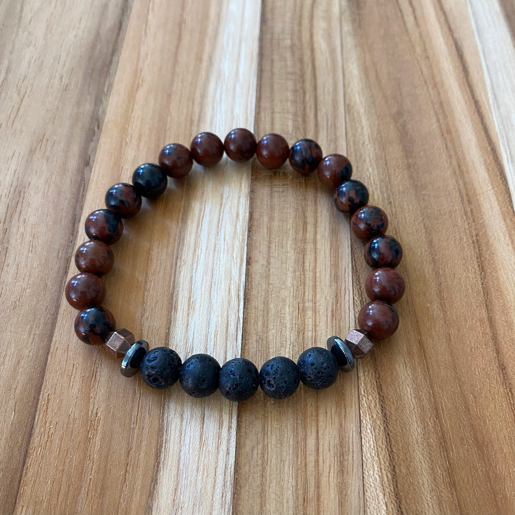 Unisex Aromatherapy Beaded Stretch Bracelet with Mahogany Obsidian & Lava Stone Beads ~ 7.5”