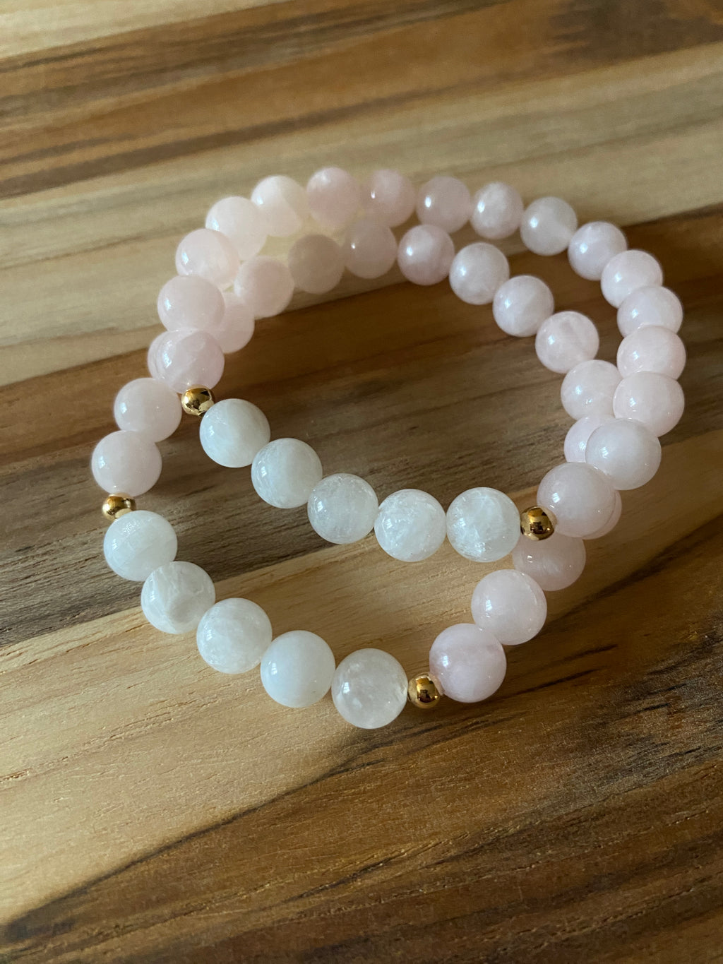 Rainbow Moonstone and Madagascar Rose Quartz Beaded Stretch Bracelet with Gold Beads