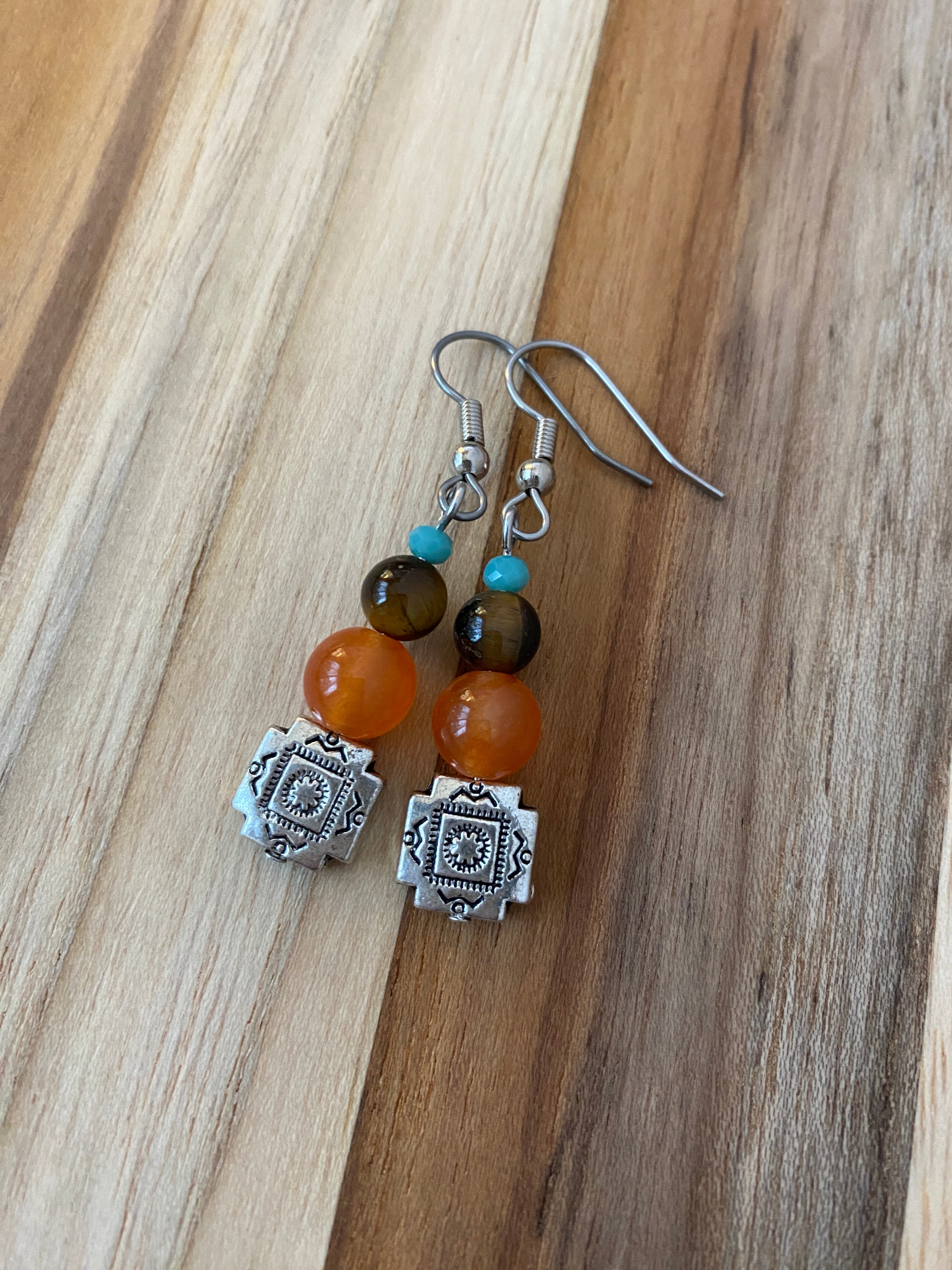 Southwestern Orange, Tiger Eye & Turquoise Crystal Dangle Earrings - My Urban Gems