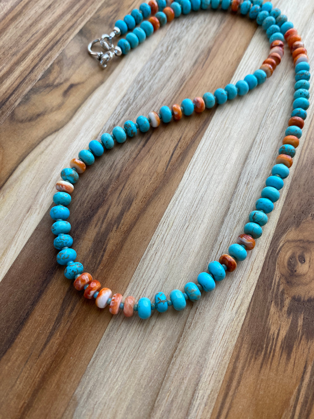 Orange Spiny Oyster and Nevada Blue Turquoise Beaded Necklace with Sterling Silver