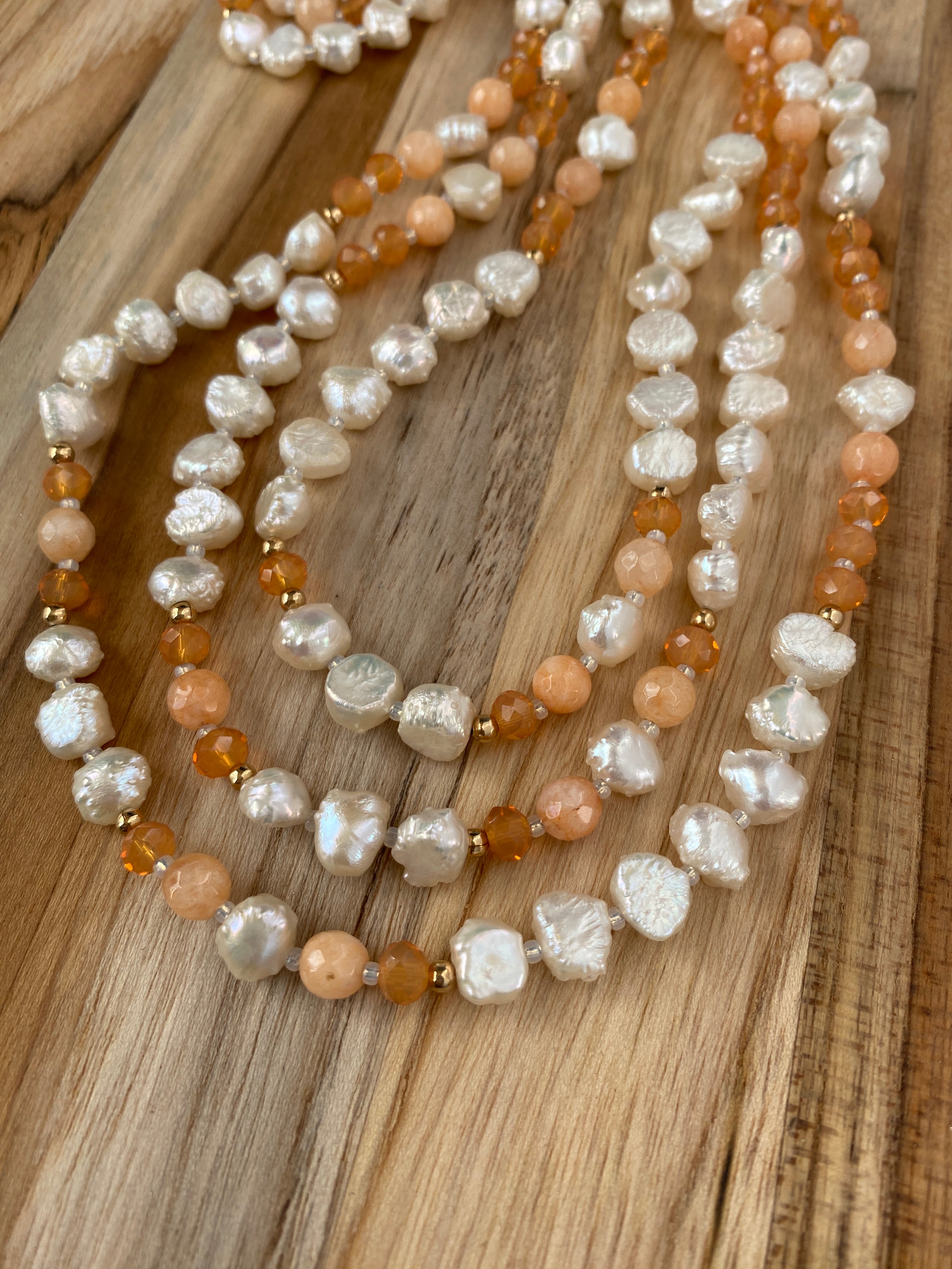 60" Extra Long Wraparound Style White Pearl Beaded Multi Wrap Wraparound Neckalce with Orange Agate & Crystal Beads - My Urban Gems