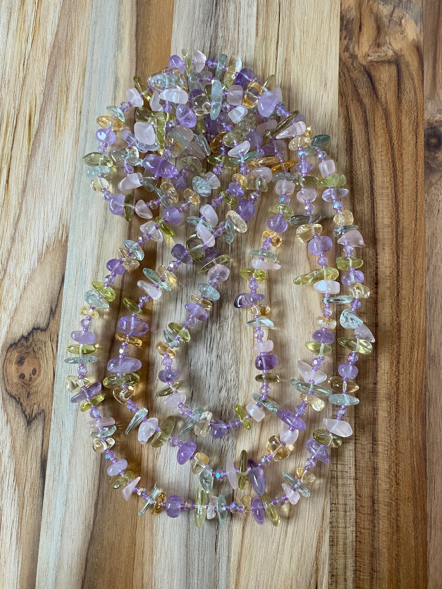 60" Extra Long Wraparound Multi Gemstone Tumble Chip Beaded Necklace with Crystal Beads