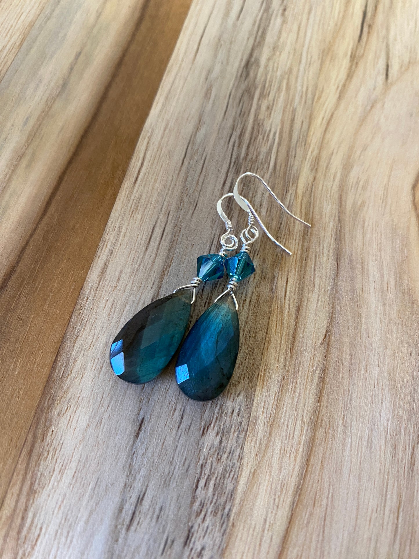 Blue Flash Labradorite Dangle Earrings with Crystal Accent