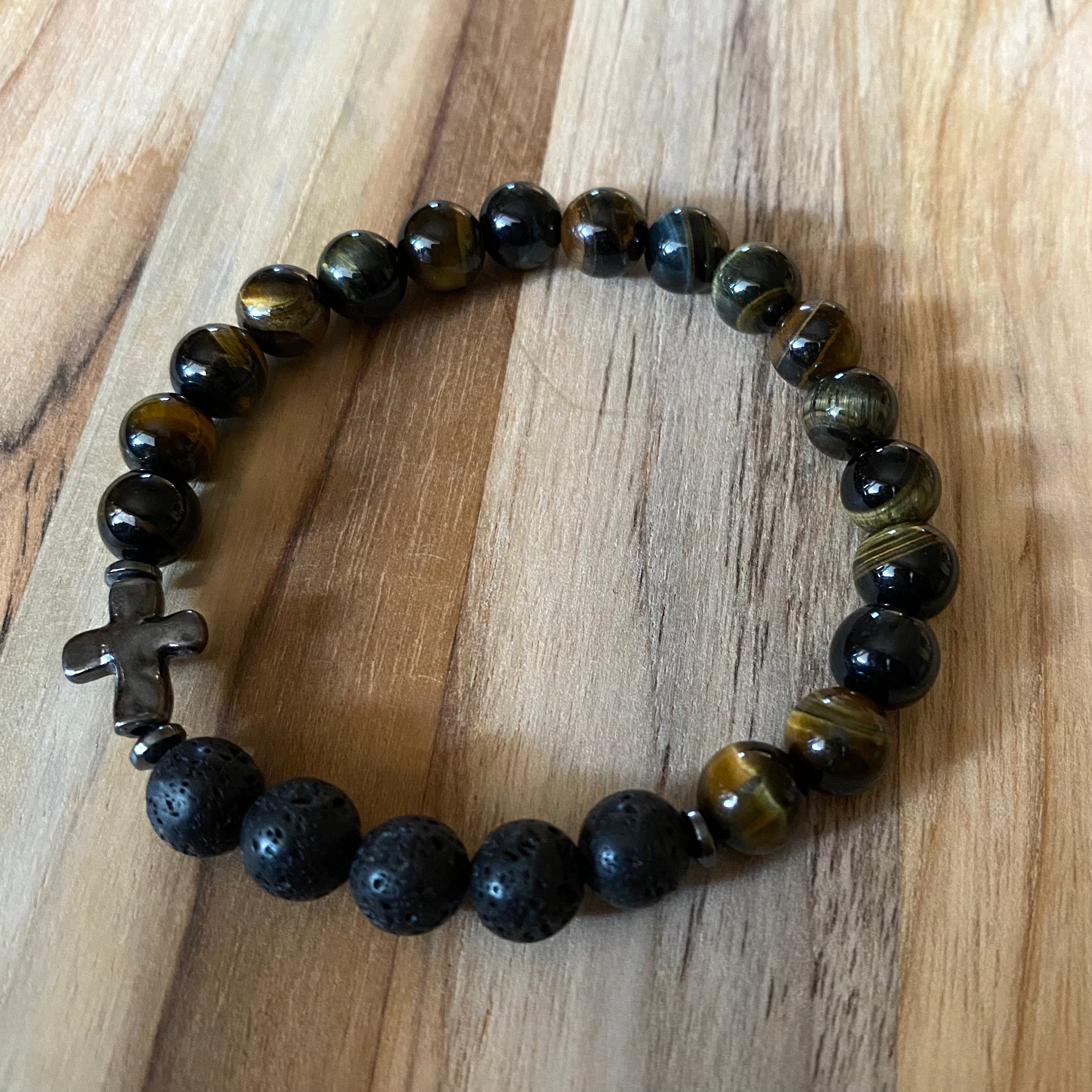 Men’s/Unisex Aromatherapy Beaded Stretch Bracelet with Tigereye & Lava Stone ~ 7.5”