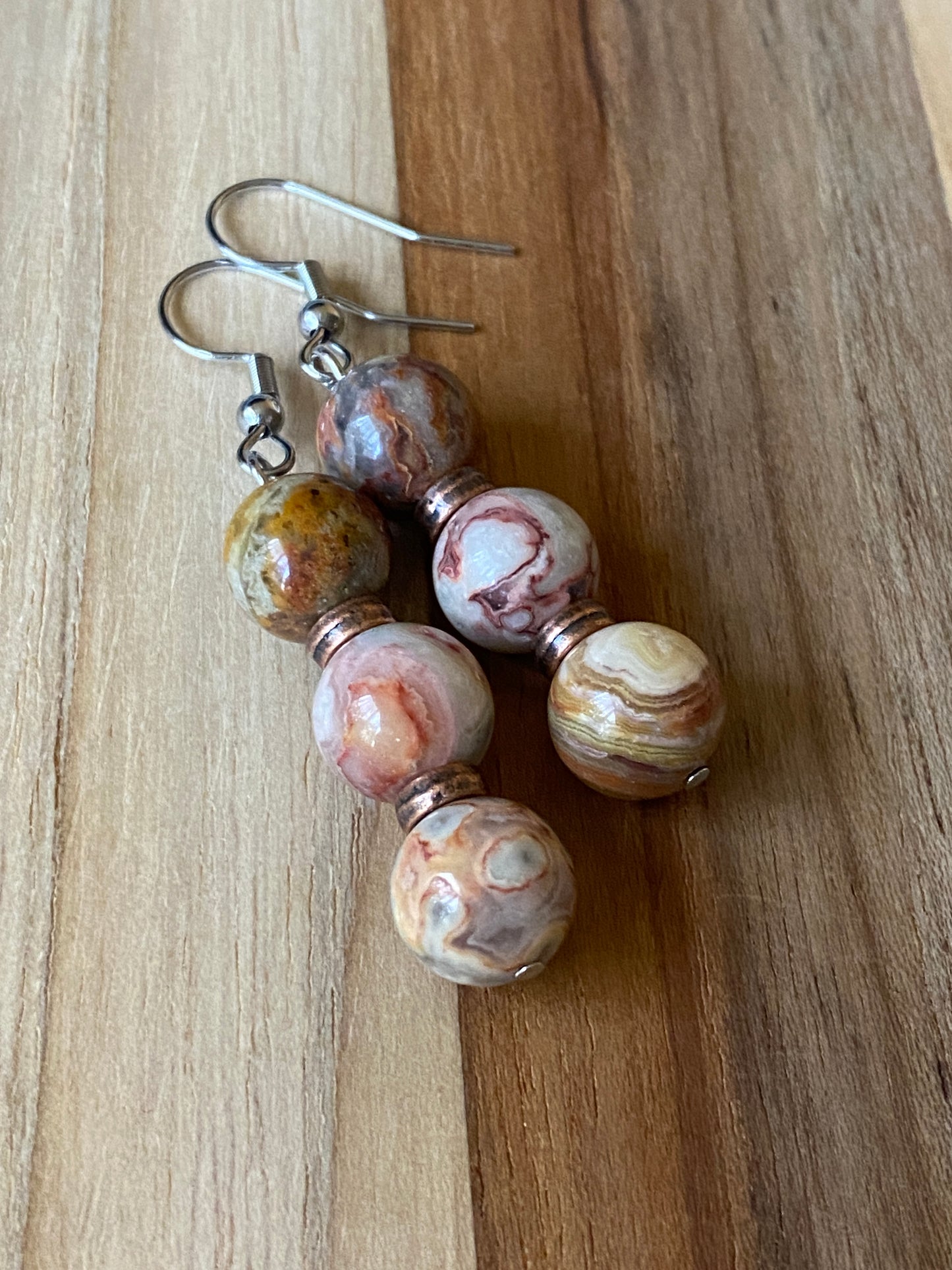 Red Crazy Lace Agate Dangle Earrings with Copper Accents