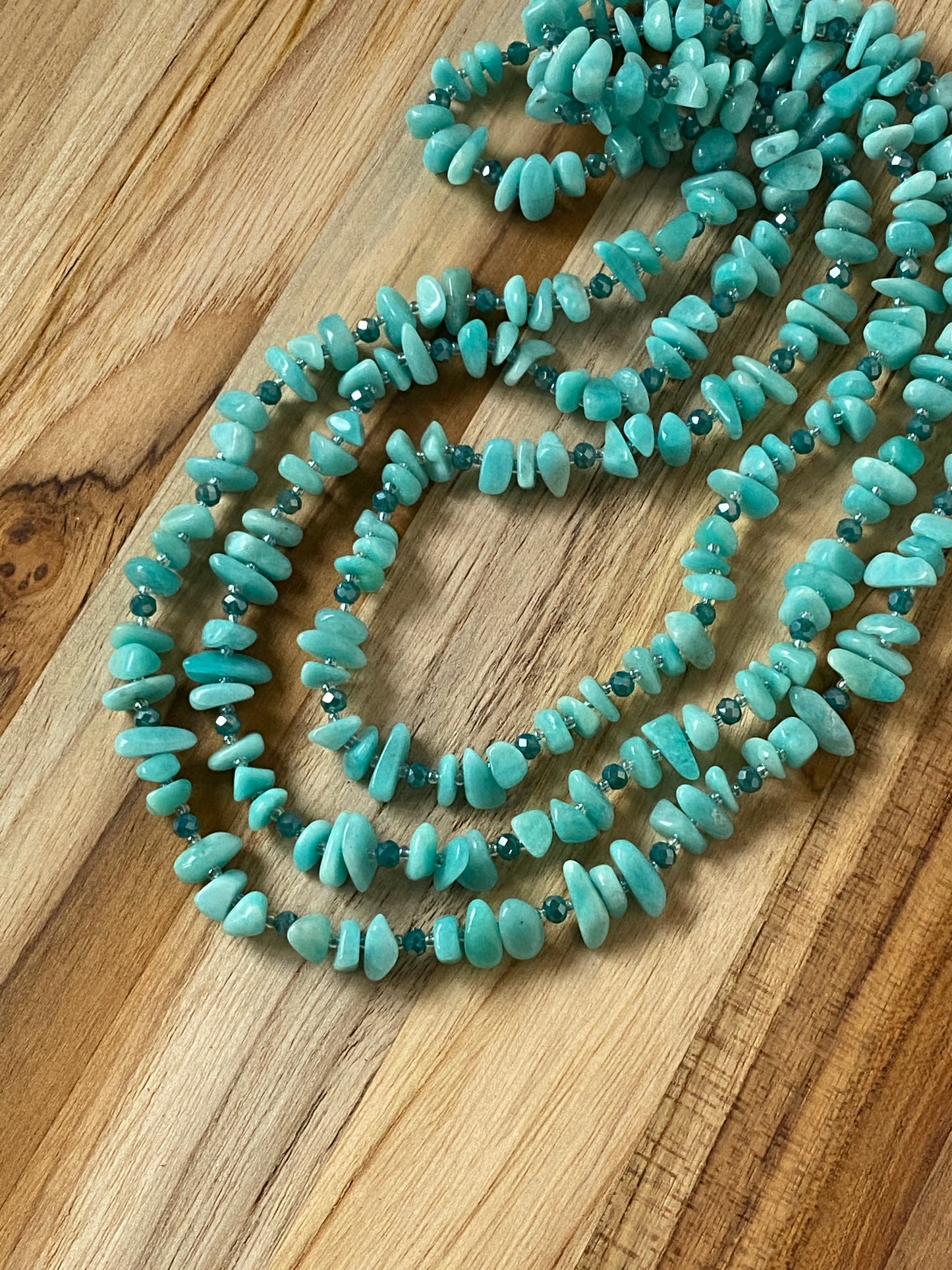 60" Extra Long Beaded Wraparound Amazonite Chip Bead Necklace with Crystals