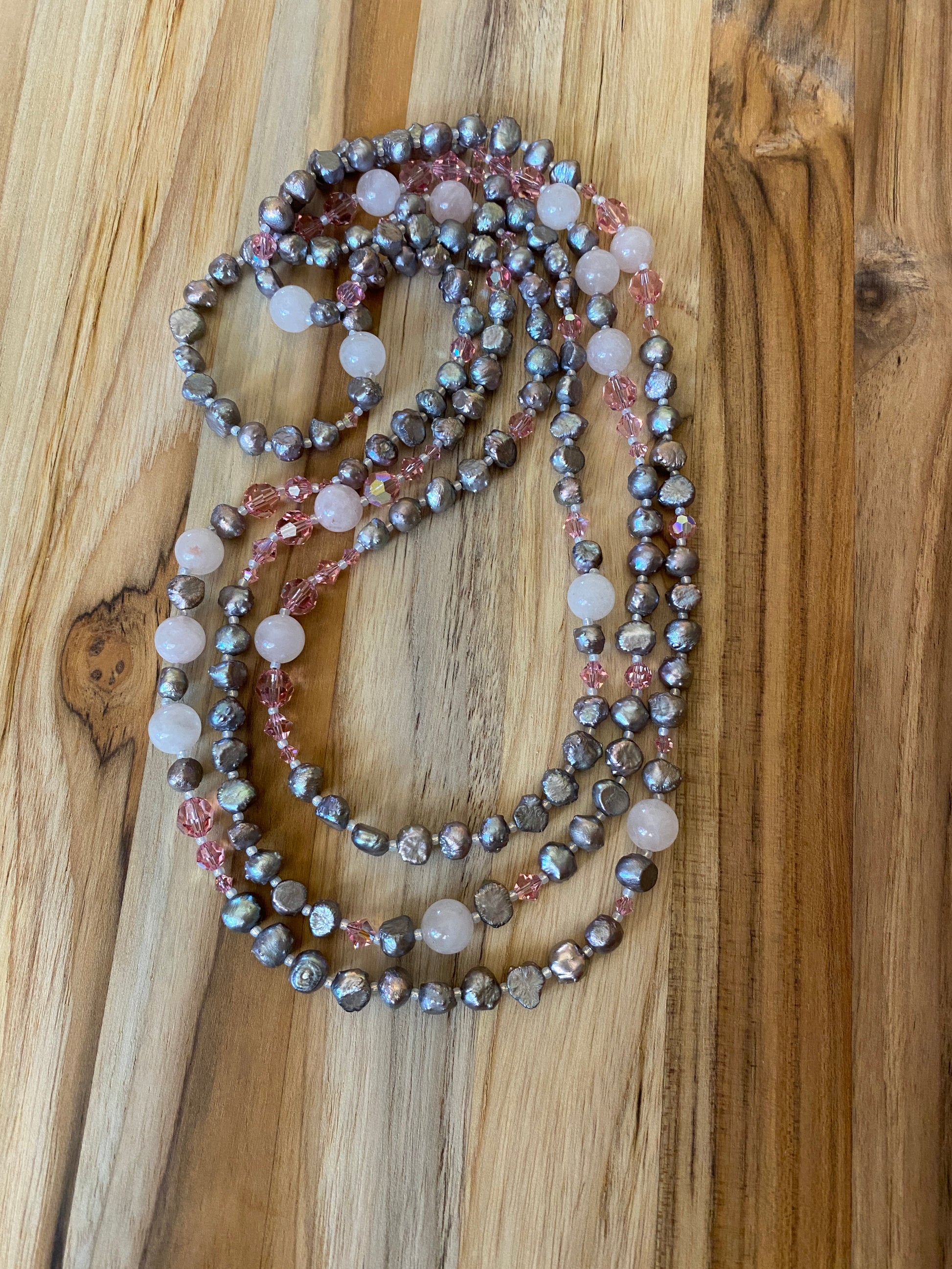 60" Extra Long Grey Pearl Beaded Necklace with Rose Quartz and Crystal Beads - My Urban Gems