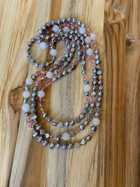 Extra Long Grey Pearl Beaded Necklace with Rose Quartz and Crystal Beads