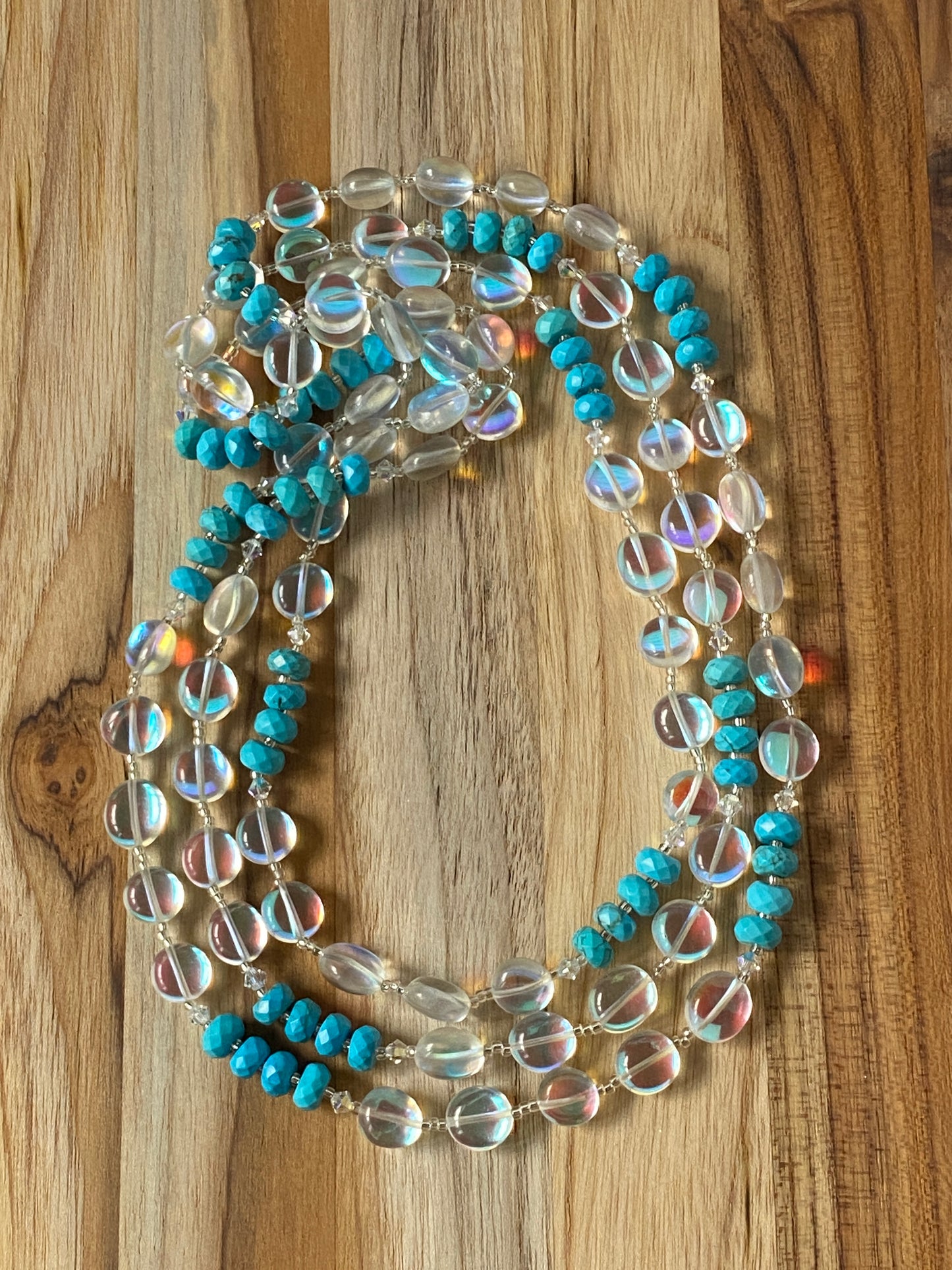 60" Extra Long Wraparound Necklace with Mystic Aura Quartz, Turquoise & Crystal Beads
