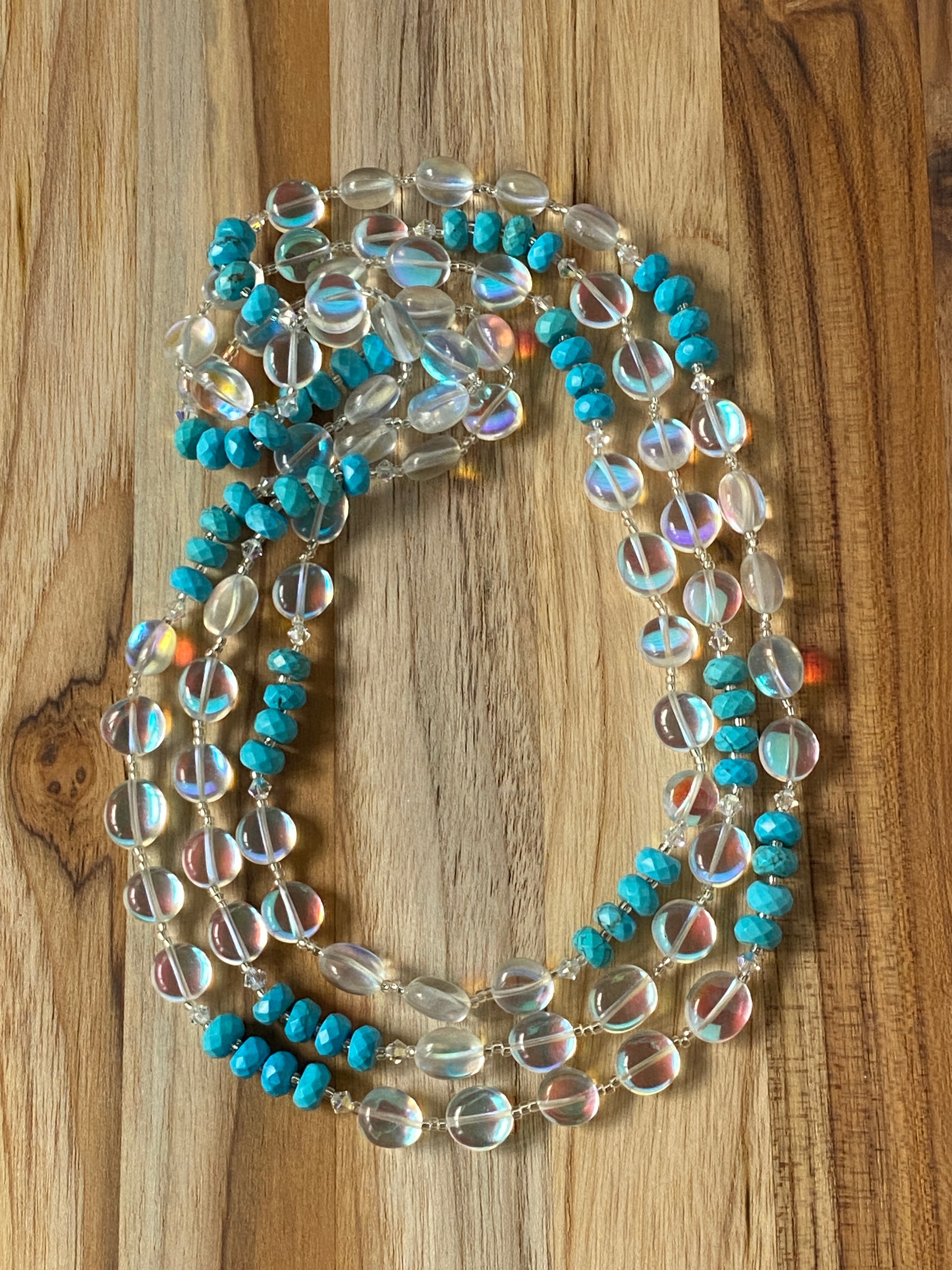 60" Extra Long Beaded Wraparound Necklace with Mystic Aura Quartz Turquoise & Crystal Beads - My Urban Gems