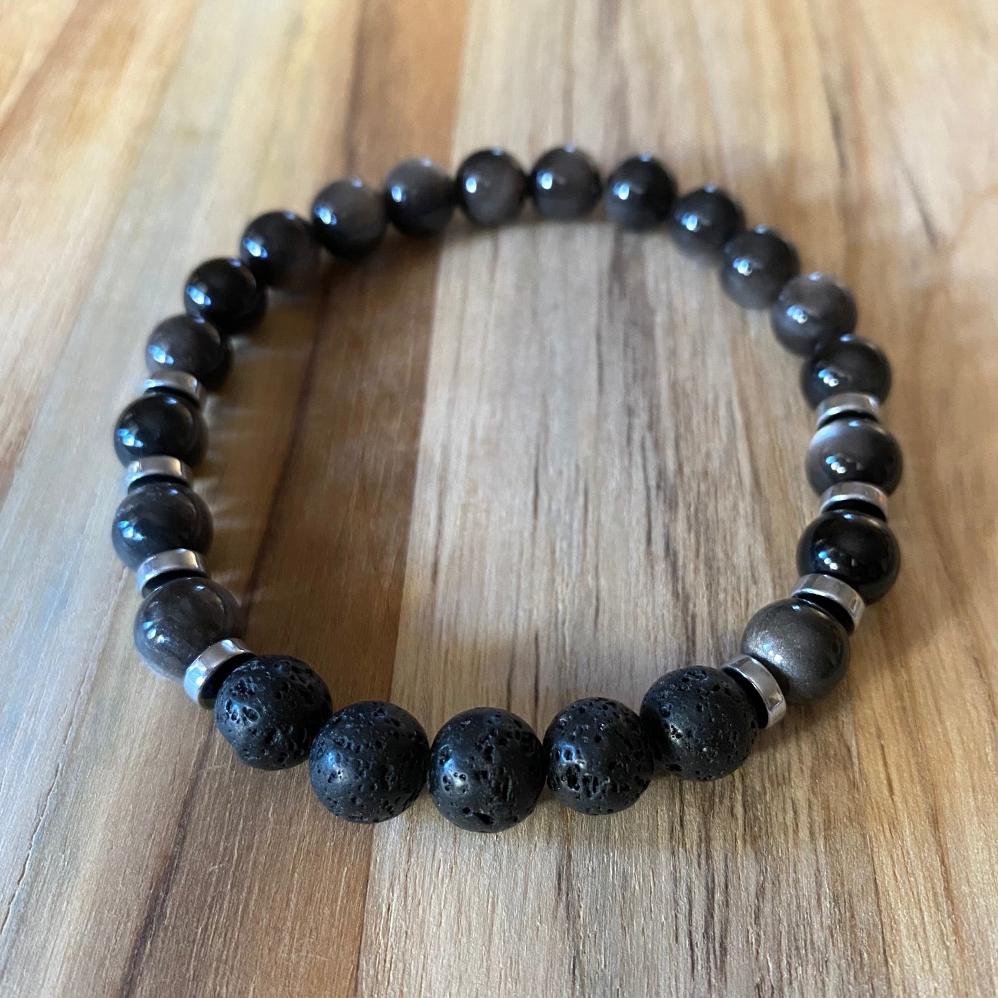 Unisex Aromatherapy Beaded Stretch Bracelet with Silver Sheen Obsidian & Lava Stone