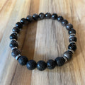 Men’s/Unisex Aromatherapy Beaded Stretch Bracelet with Silver Sheen Obsidian & Lava Stone ~ 7.5”