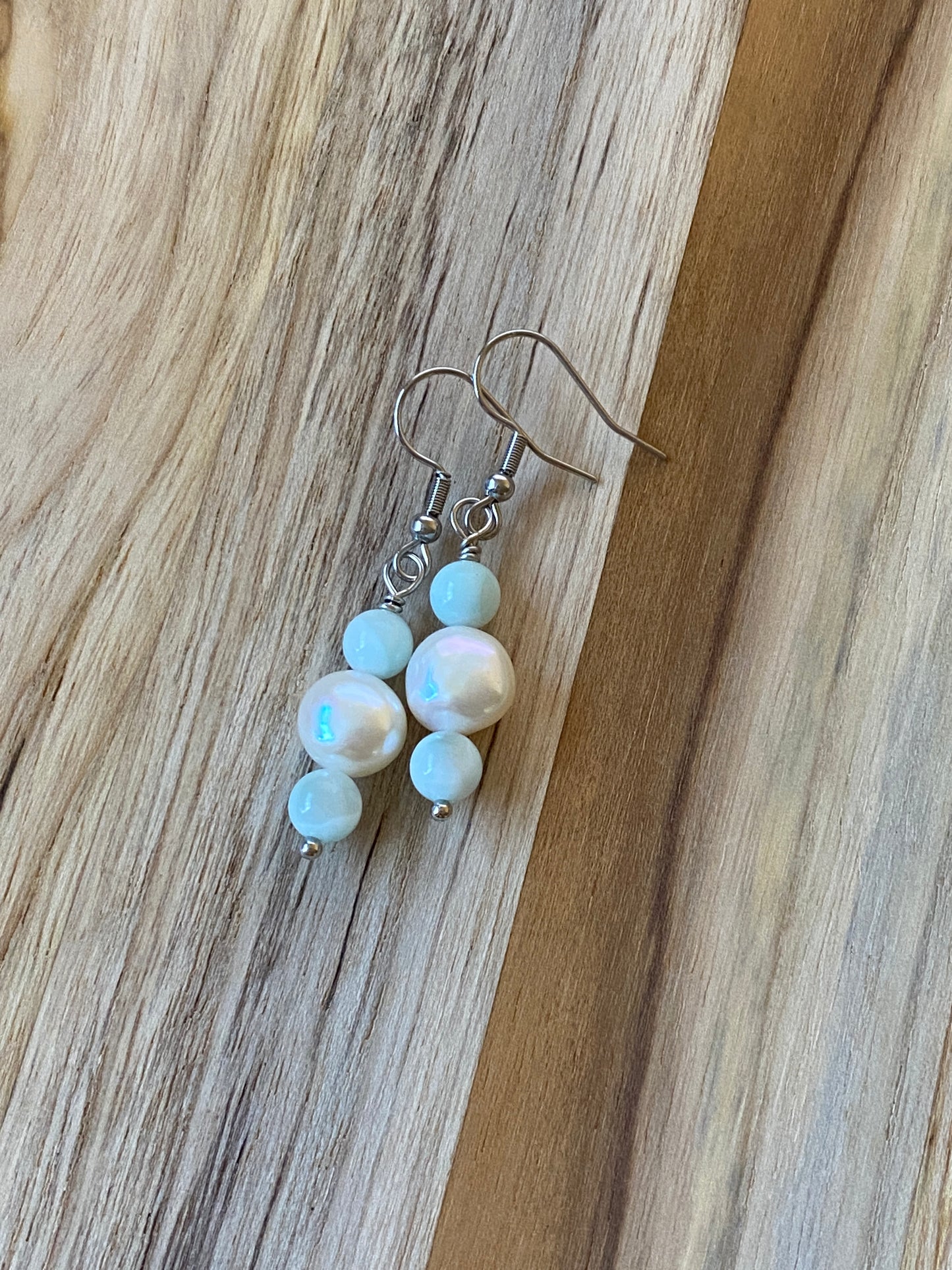 White Freshwater Pearl and Green Moonstone Dangle Earrings