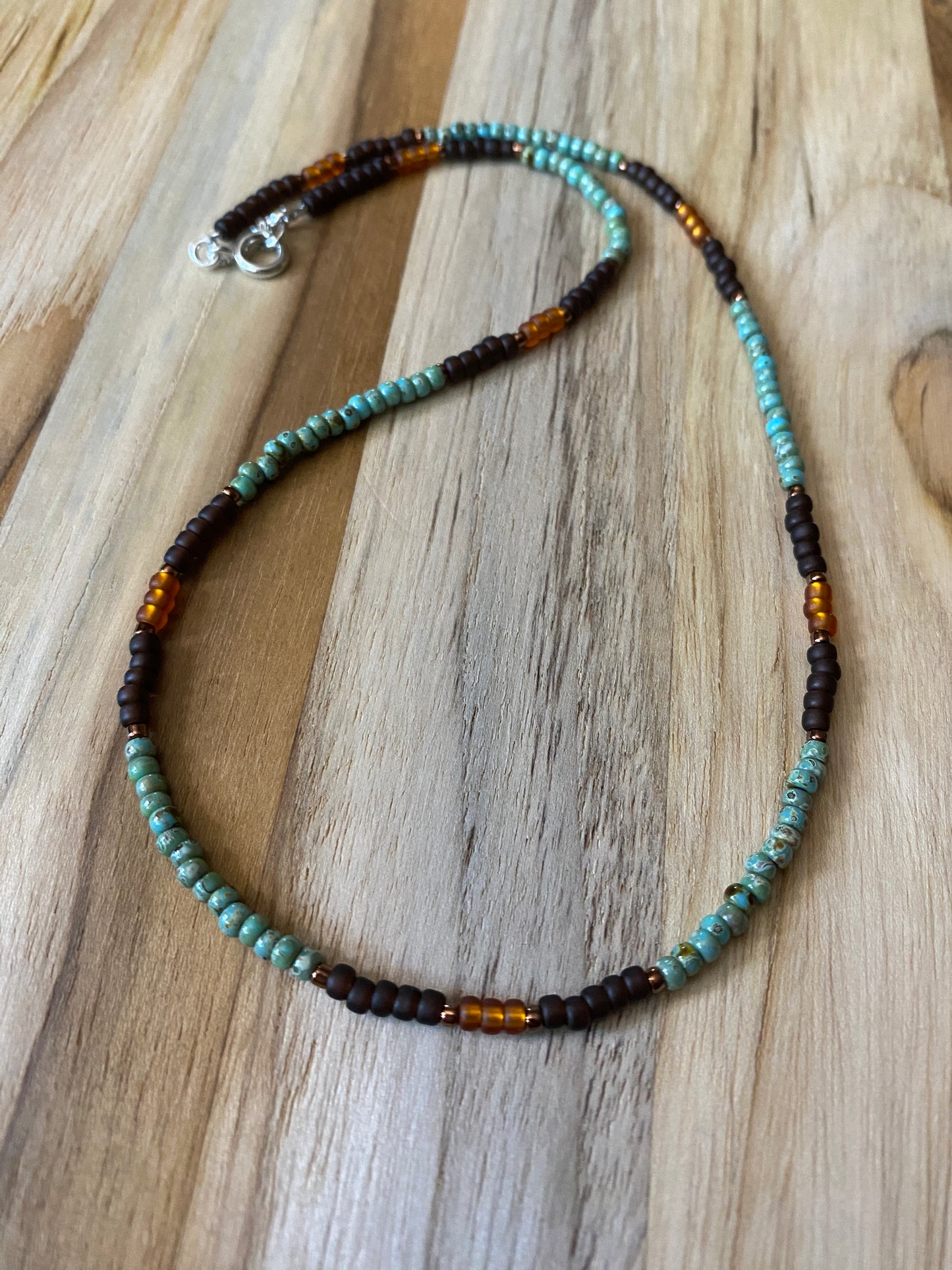 Dainty Minimalist Turquoise and Brown Seed Bead Beaded Necklace