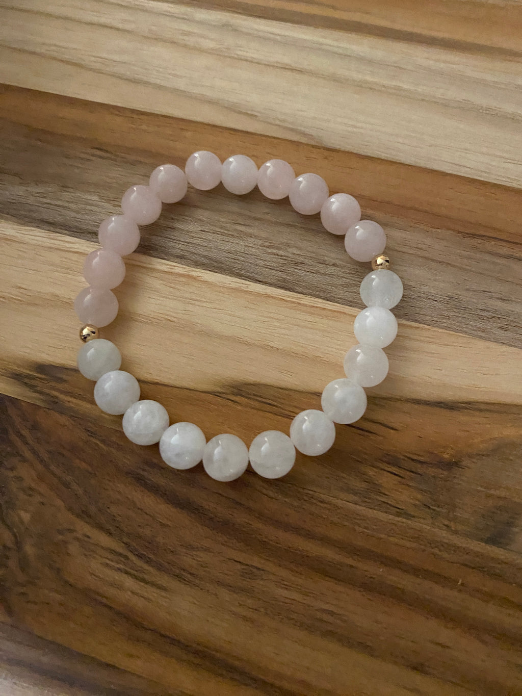 Rainbow Moonstone and Madagascar Rose Quartz Beaded Stretch Bracelet with Gold ~ 7”