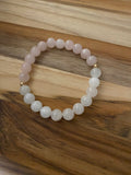 Rainbow Moonstone and Madagascar Rose Quartz Beaded Stretch Bracelet with Gold ~ 7”