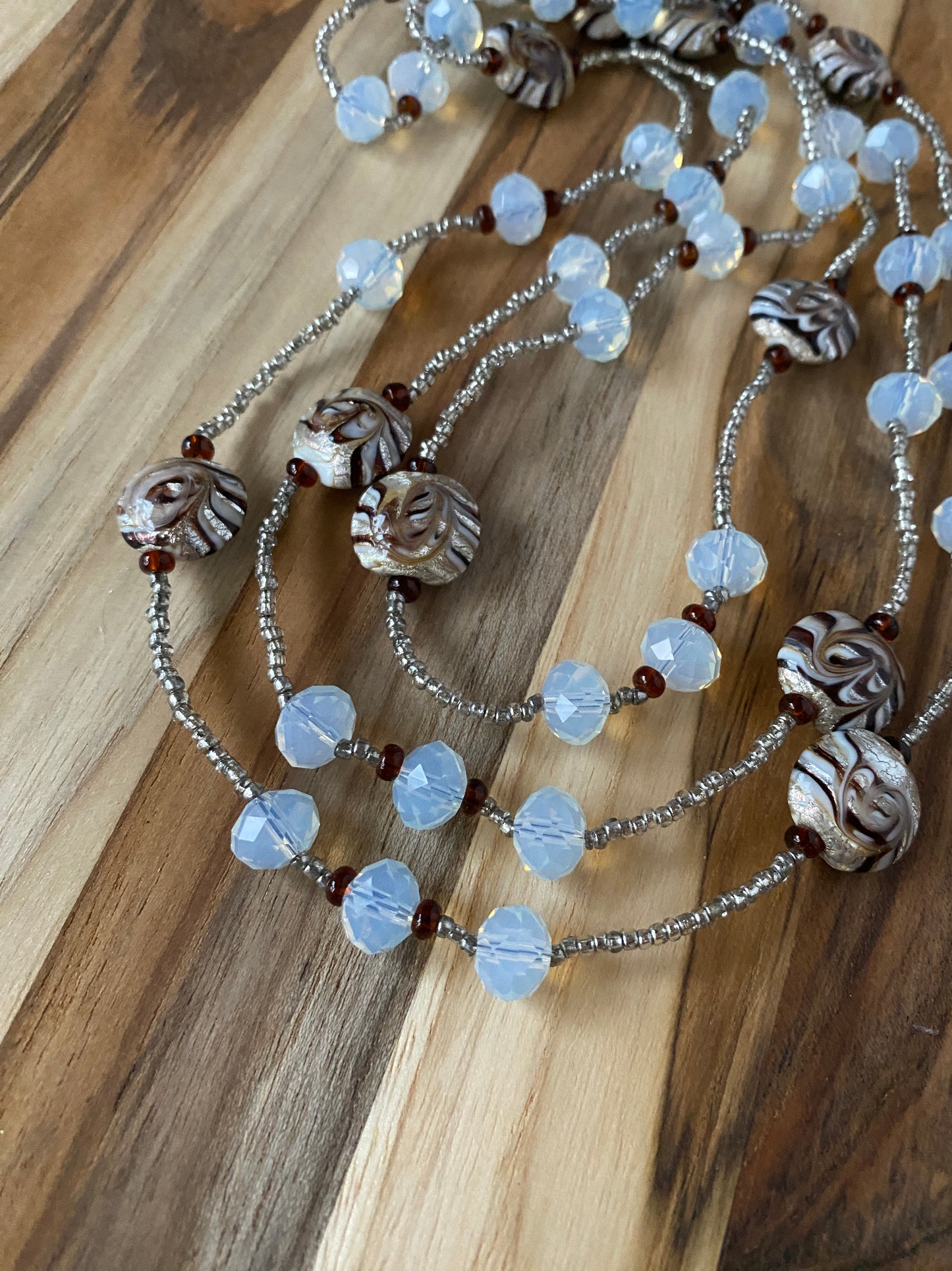 60" Extra Long Wraparound Brown/Cream Swirl Art Glass & Crystal Beaded Necklace